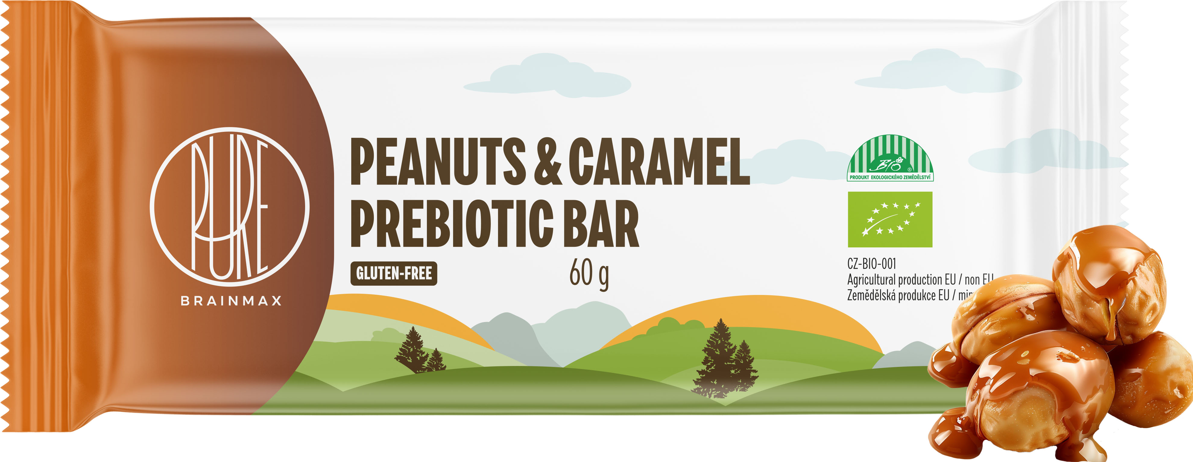 BrainMax Pure Peanuts & Caramel Prebiotic Bar, prebiotická tyčinka, arašídy a karamel, BIO, 60 g Obrázek