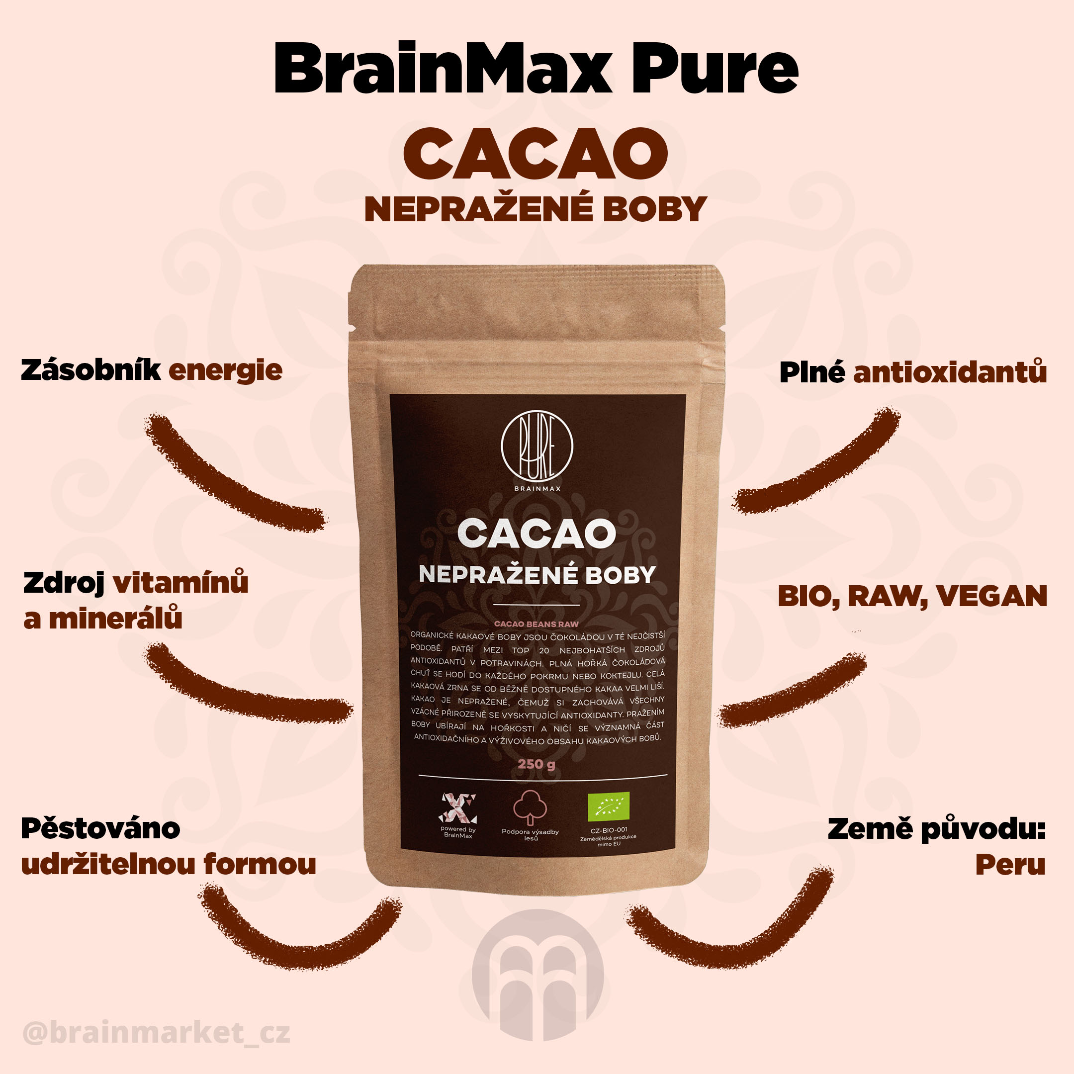 BrainMax Pure Kakaové boby RAW, BIO, 250 g Obrázek