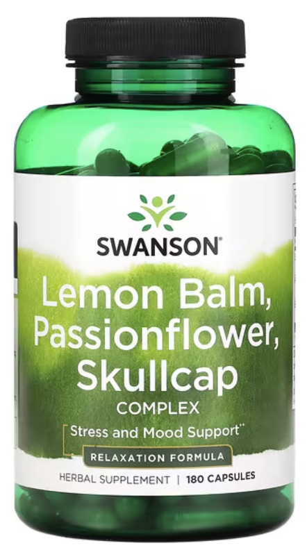 Swanson Lemon Balm, Passionflower, Skullcap Complex (meduňka lékařská, mučenka, šišák), 180 kapslí