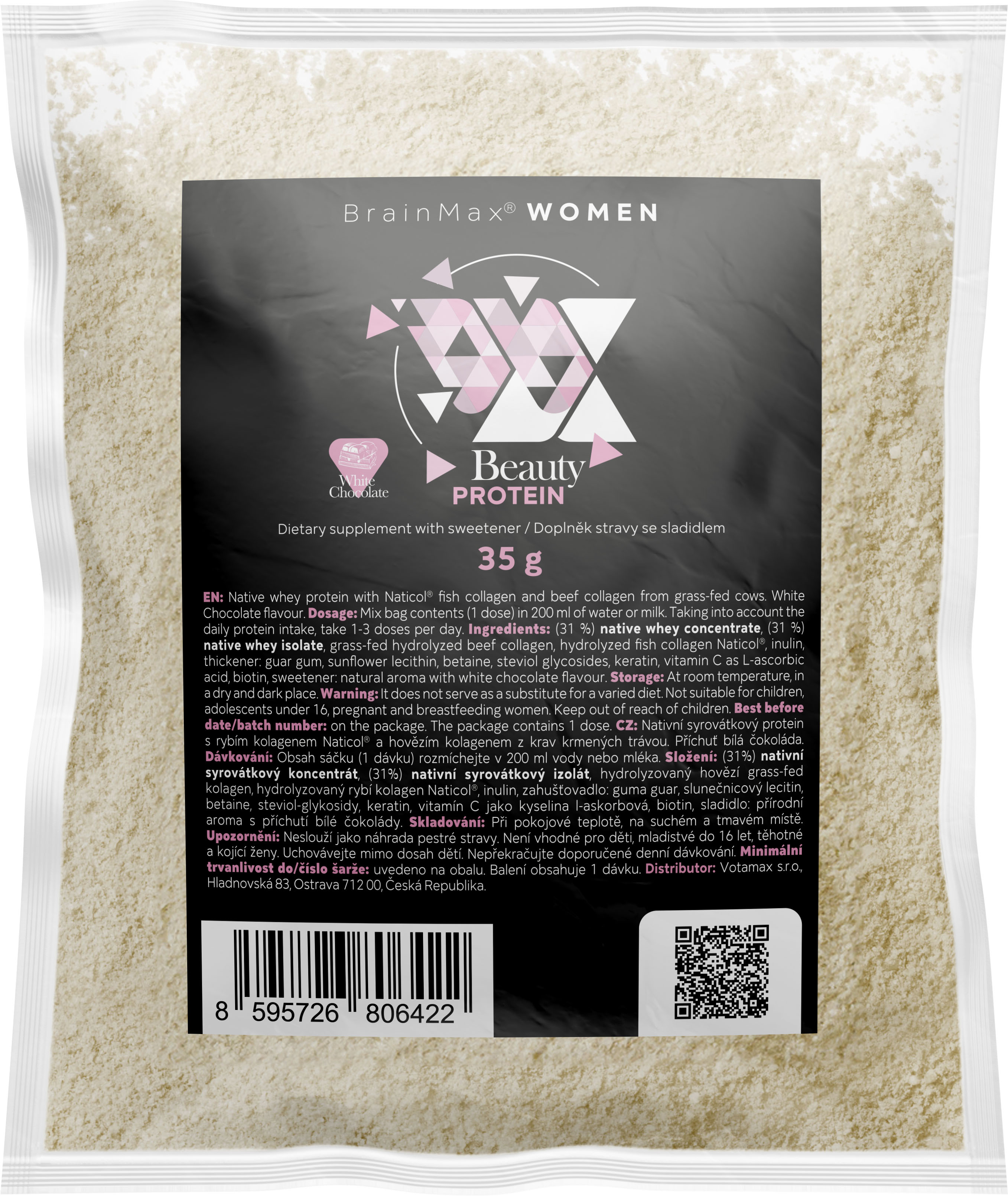 BrainMax Women Beauty Protein, protein pro ženy s kolagenem, keratinem a vitamíny, 35 g, VZOREK Príchuť: Bílá čokoláda