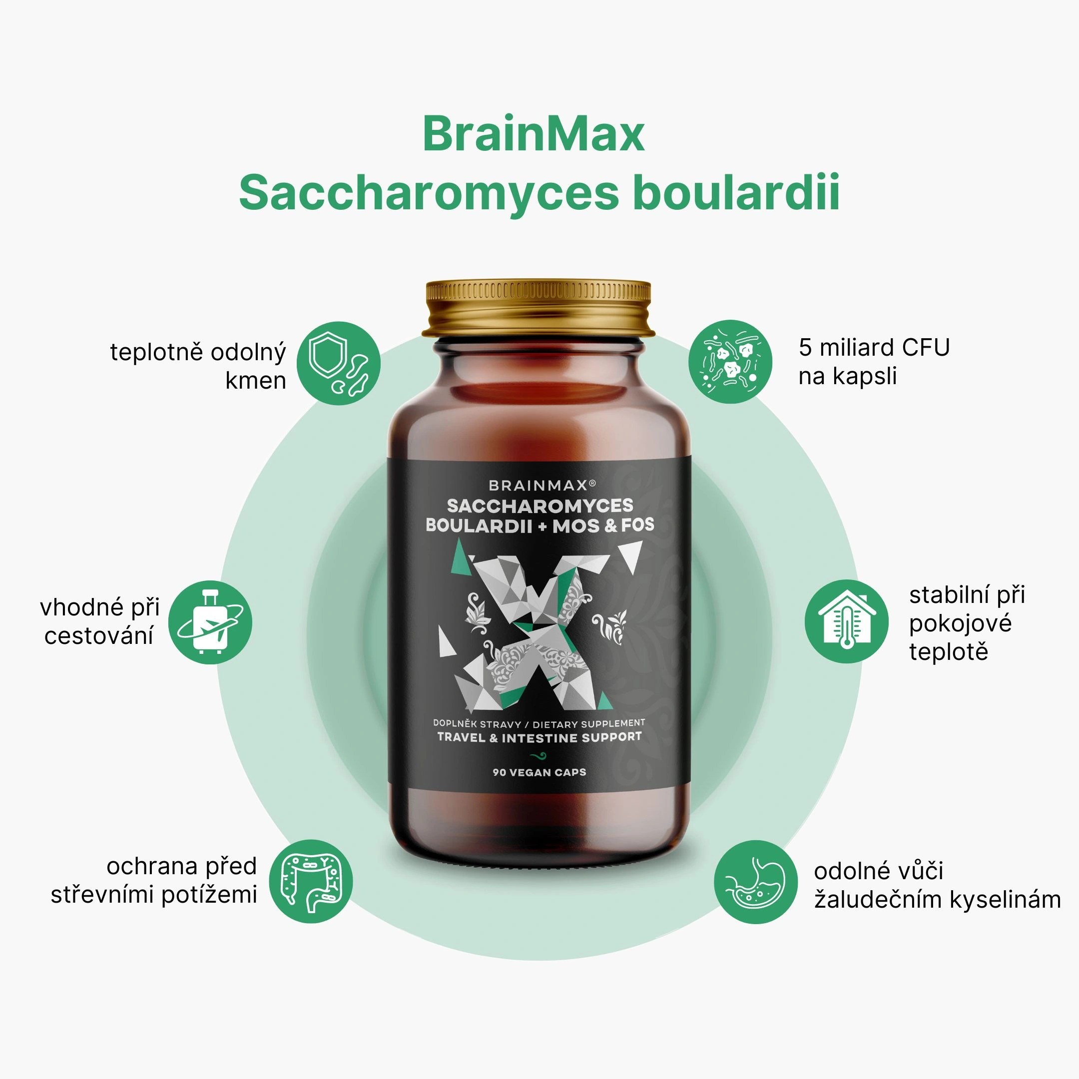 BrainMax Saccharomyces boulardii, Cestovní probiotika s MOS & FOS, 90 rostlinných kapslí Obrázek