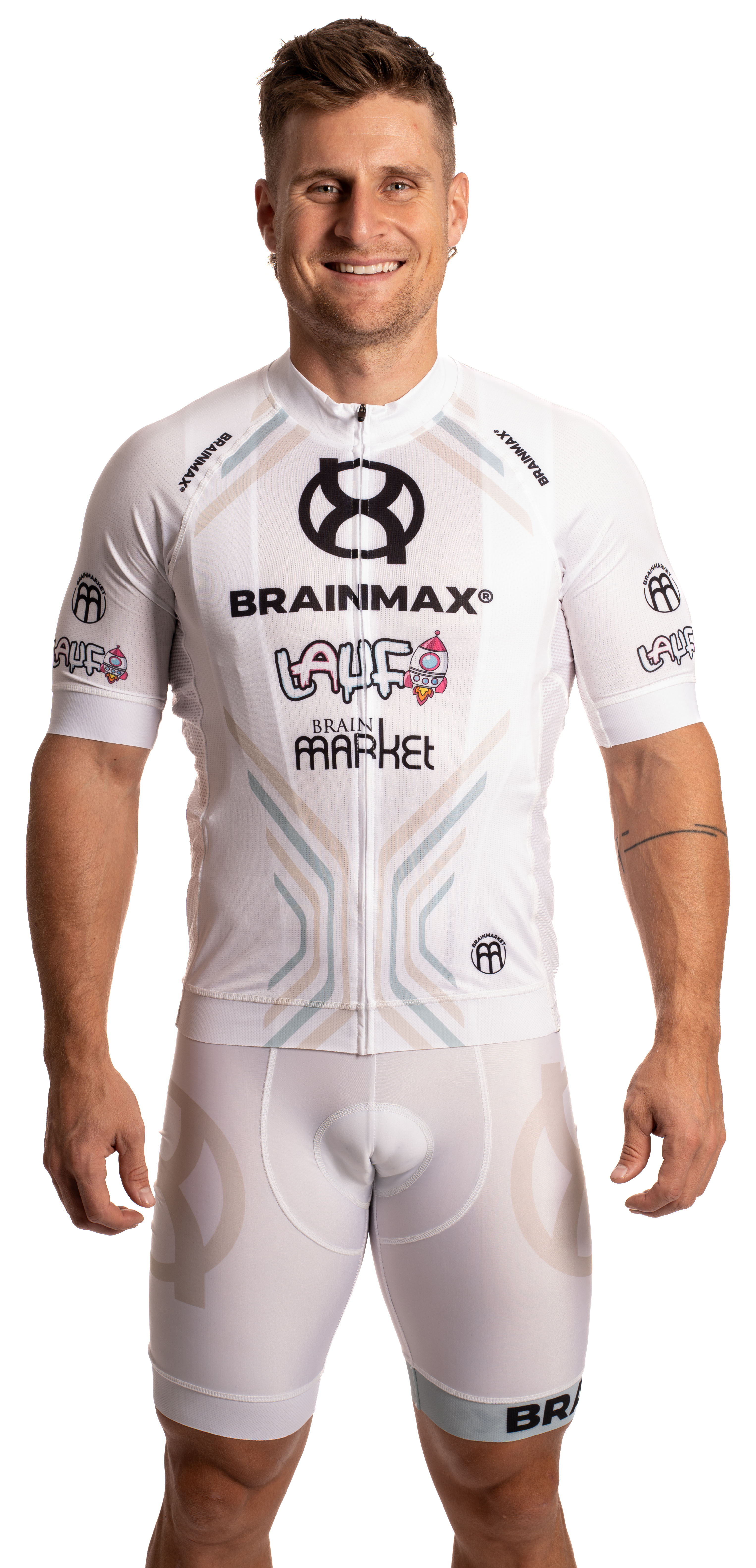 BrainMax LAUF cyklistický set, bílý dres a bílé kraťasy se šlemi Velikost: XL
