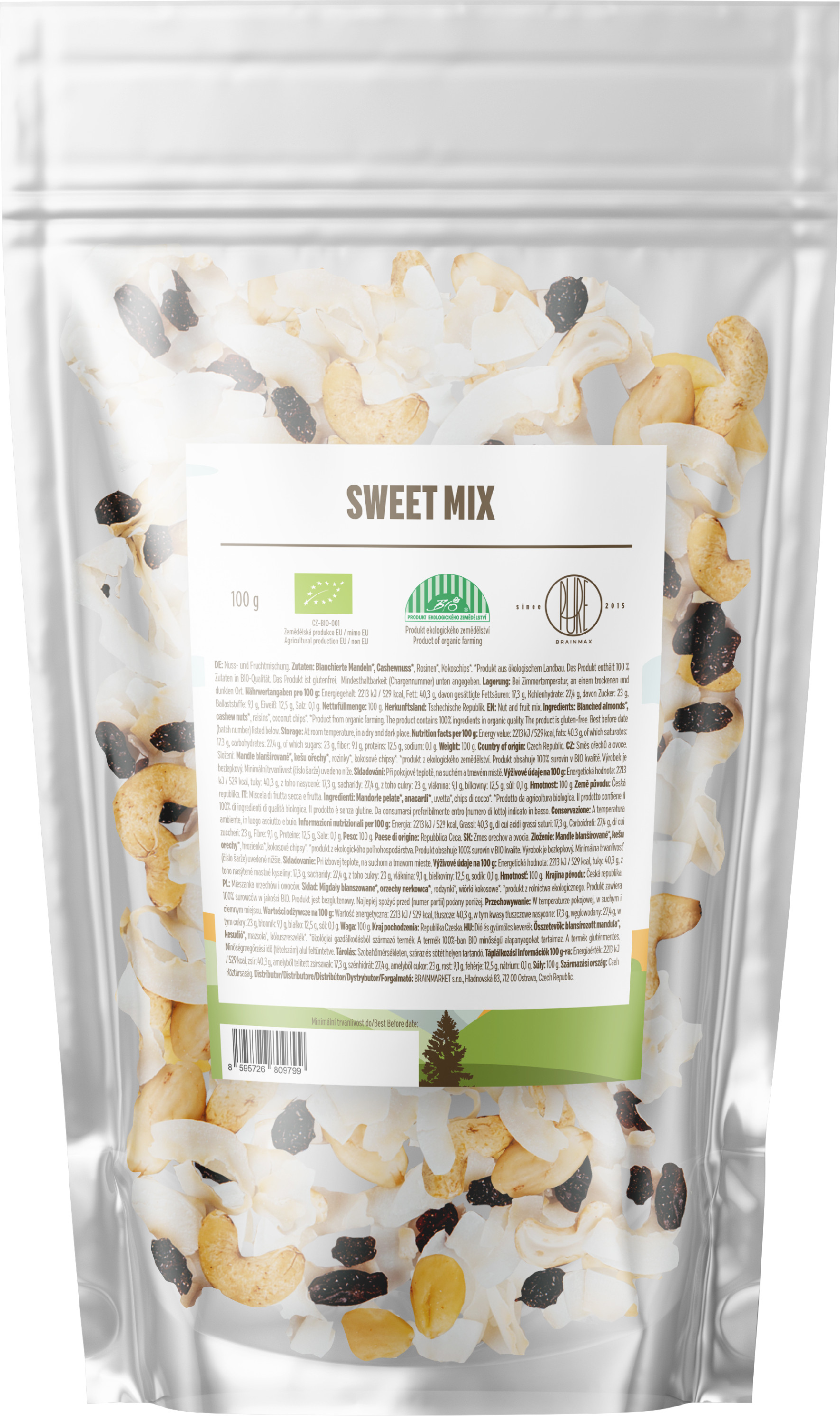 BrainMax Pure Sweet Mix, mandle, kešu, rozinky, kokos, BIO, 100 g Obrázek