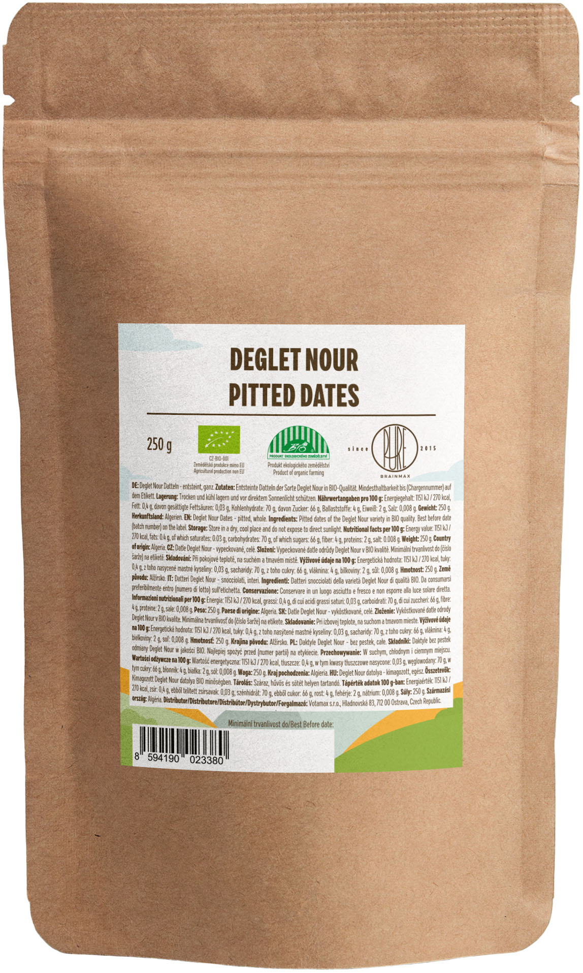BrainMax Pure Datle Deglet Nour sušené BIO, vypeckované, 250 g