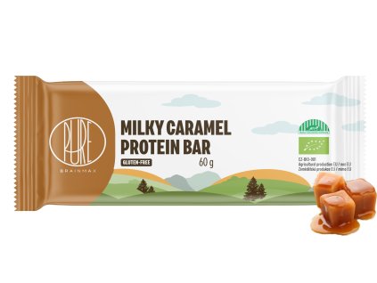 BrainMax Pure Milky Caramel Protein Bar, Barretta proteica, Caramello al latte, BIO, 60 g  Certificato *CZ-BIO-001 / Barretta proteica al latte e caramello