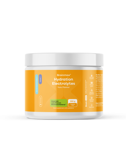 BrainMax® Hydration Electrolytes, Yuzu, 300 g  Elektrolity nawadniające z tauryną i aktywną witaminą B6, 30 porcji, suplement diety