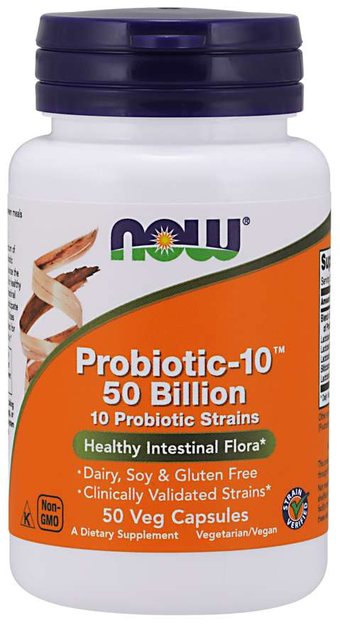 NOW Probiotic-10, probiotyki, 50 miliard CFU, szczepy 10, kapsułki ziołowe 50