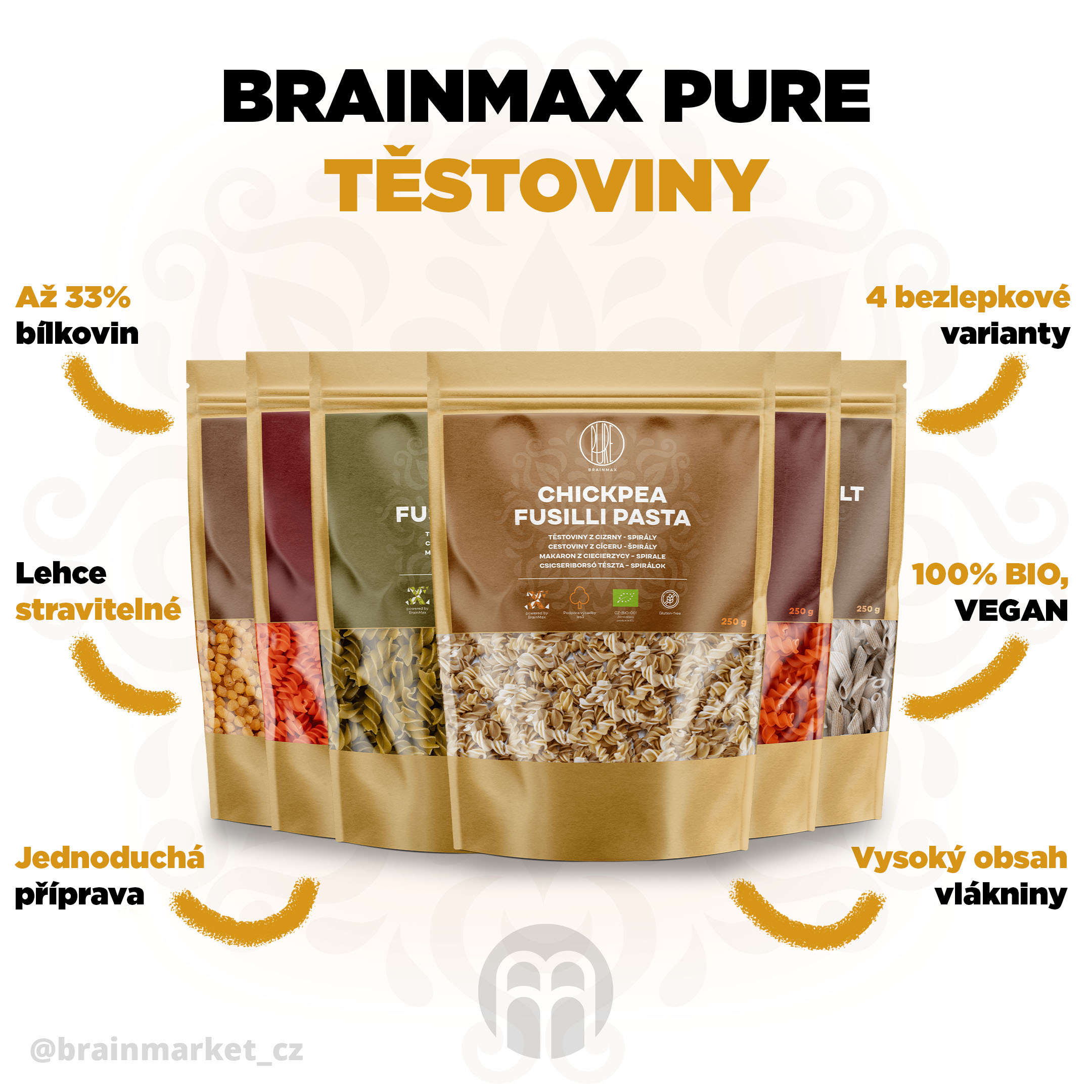 BrainMax Pure Proteinové těstoviny z červené čočky, spirály, BIO, 250 g Obrázek
