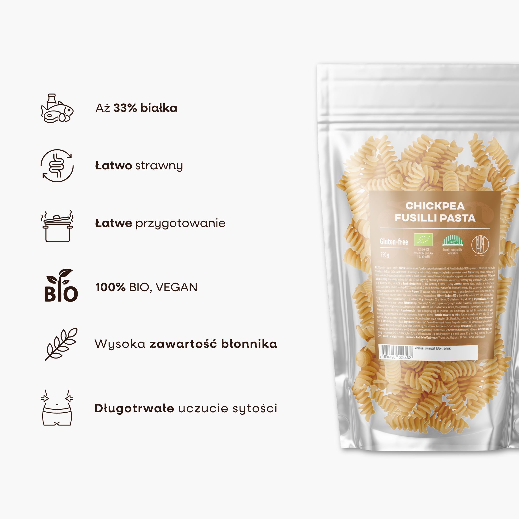 BrainMax Pure Těstoviny z cizrny, spirály, BIO, 250 g