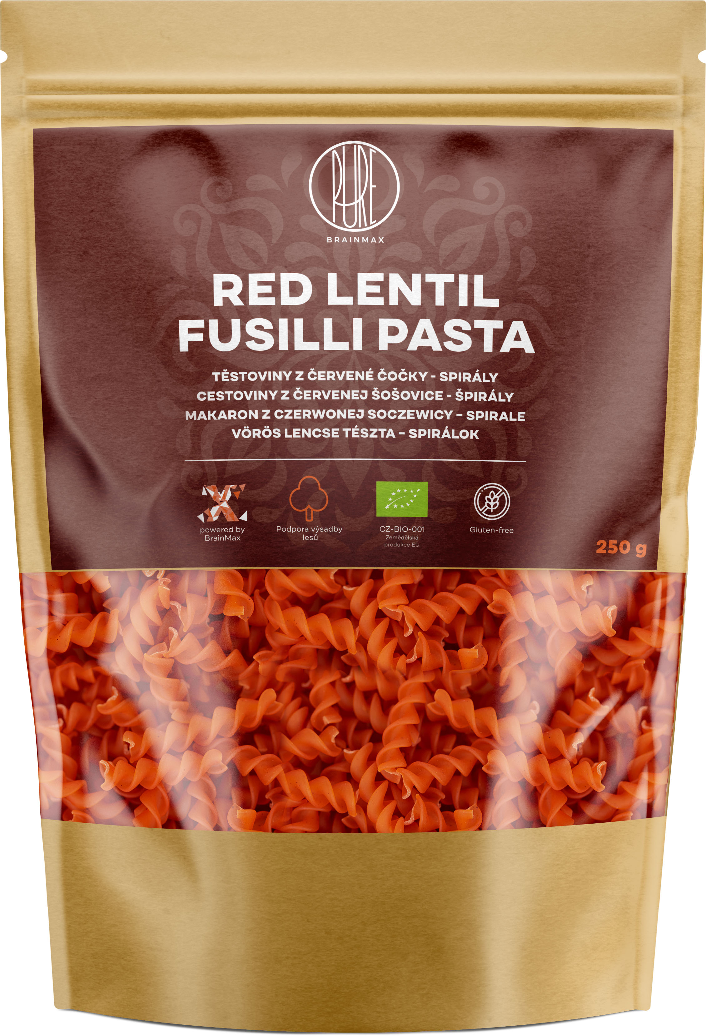 BrainMax Pure Těstoviny z červené čočky, spirály, BIO, 250 g