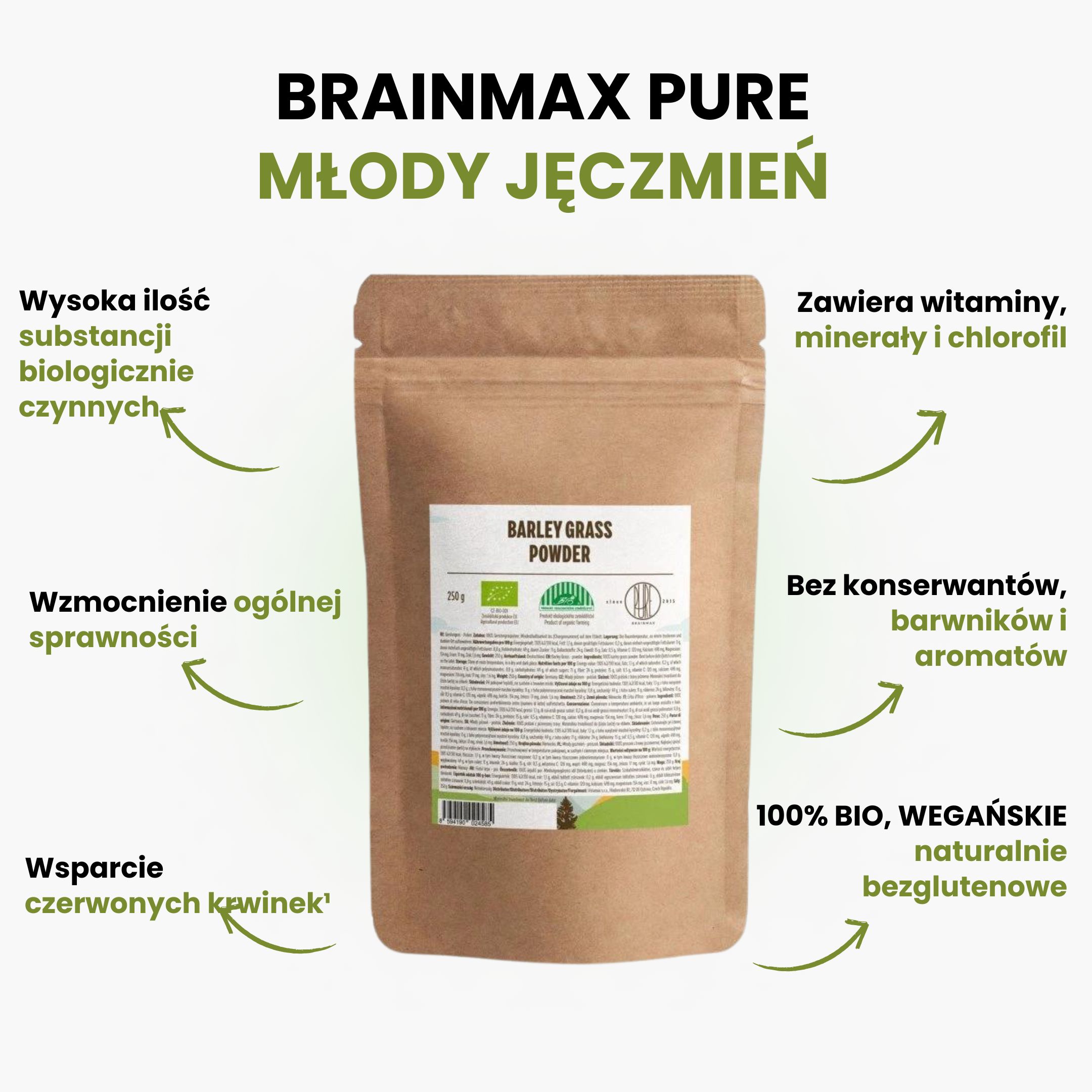 BrainMax Pure Mladý ječmen BIO, 250 g