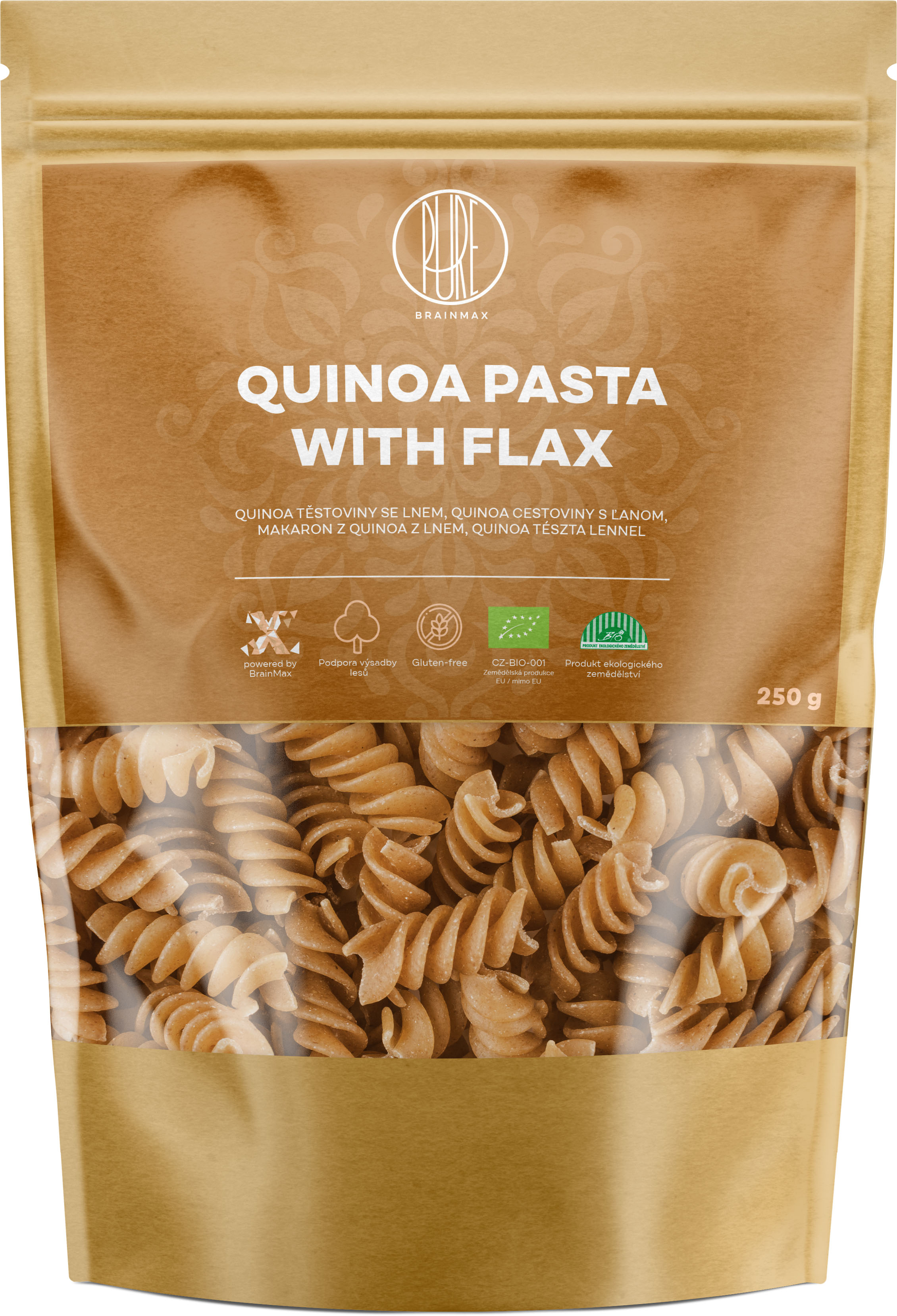 BrainMax Pure Těstoviny z quinoy se lnem, spirály, BIO, 250 g