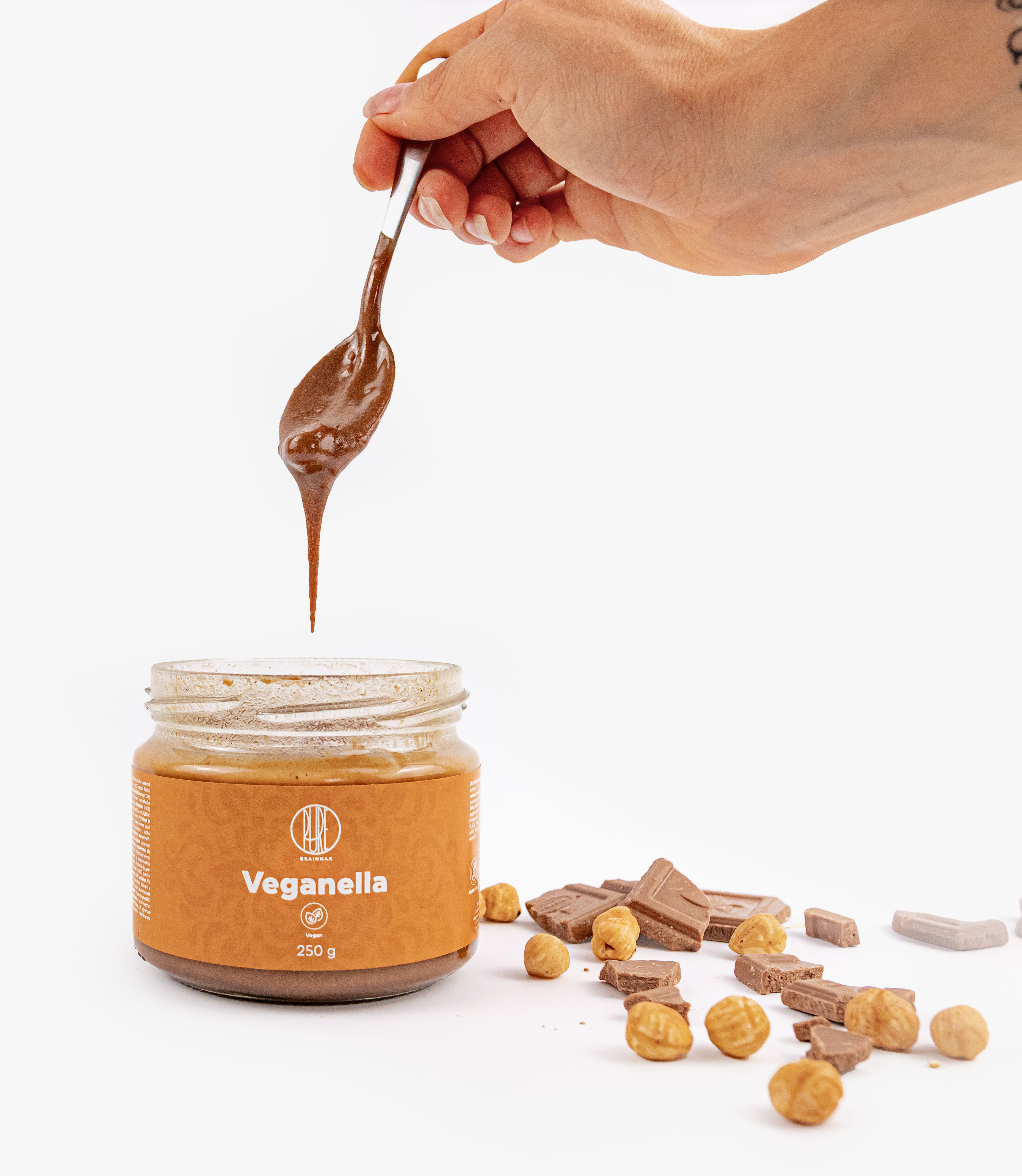 BrainMax Pure Veganella, Lískooříškový krém s mléčnou čokoládou, 30 g Obrázek