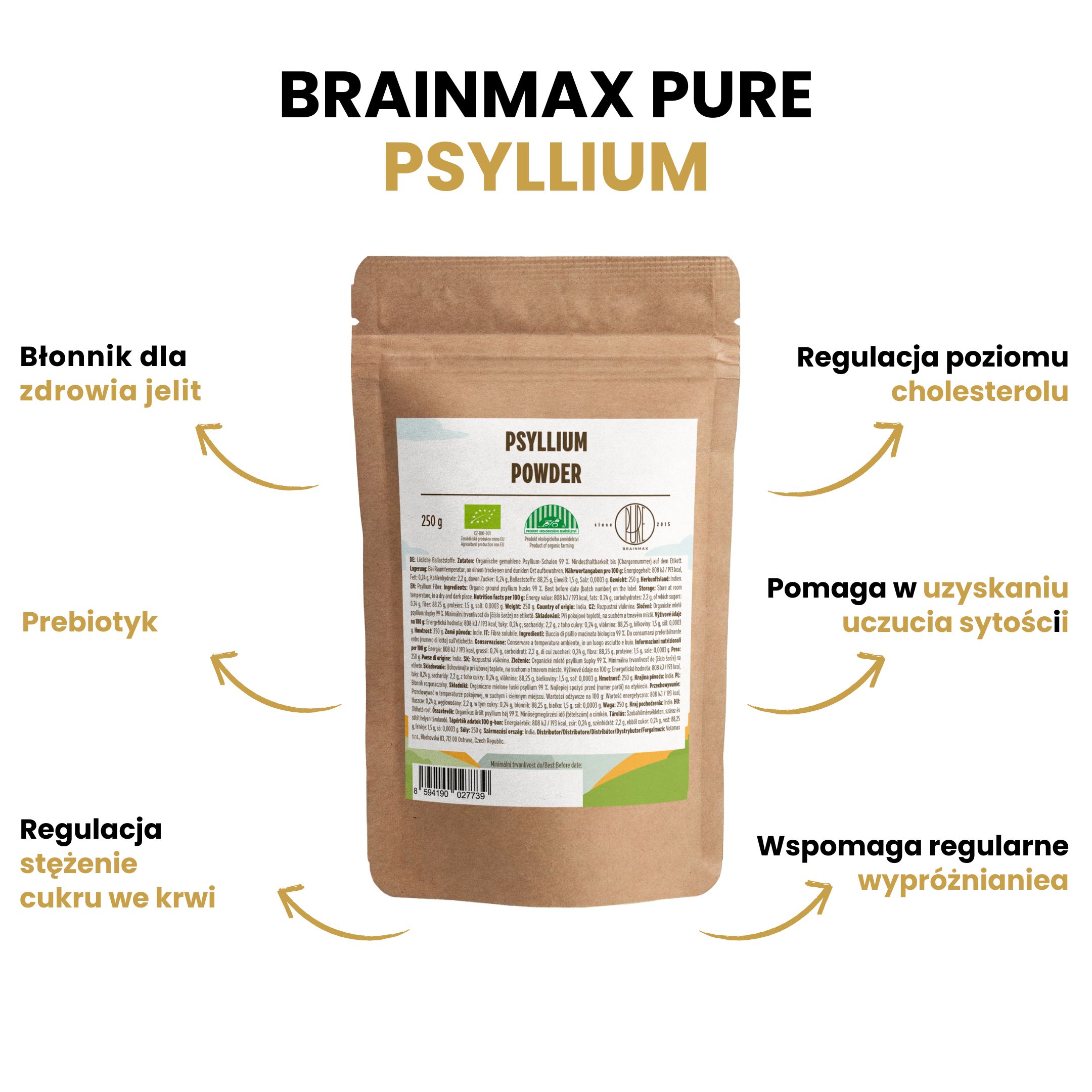 BrainMax Pure Psyllium, rozpustná vláknina, 250 g, BIO Obrázek