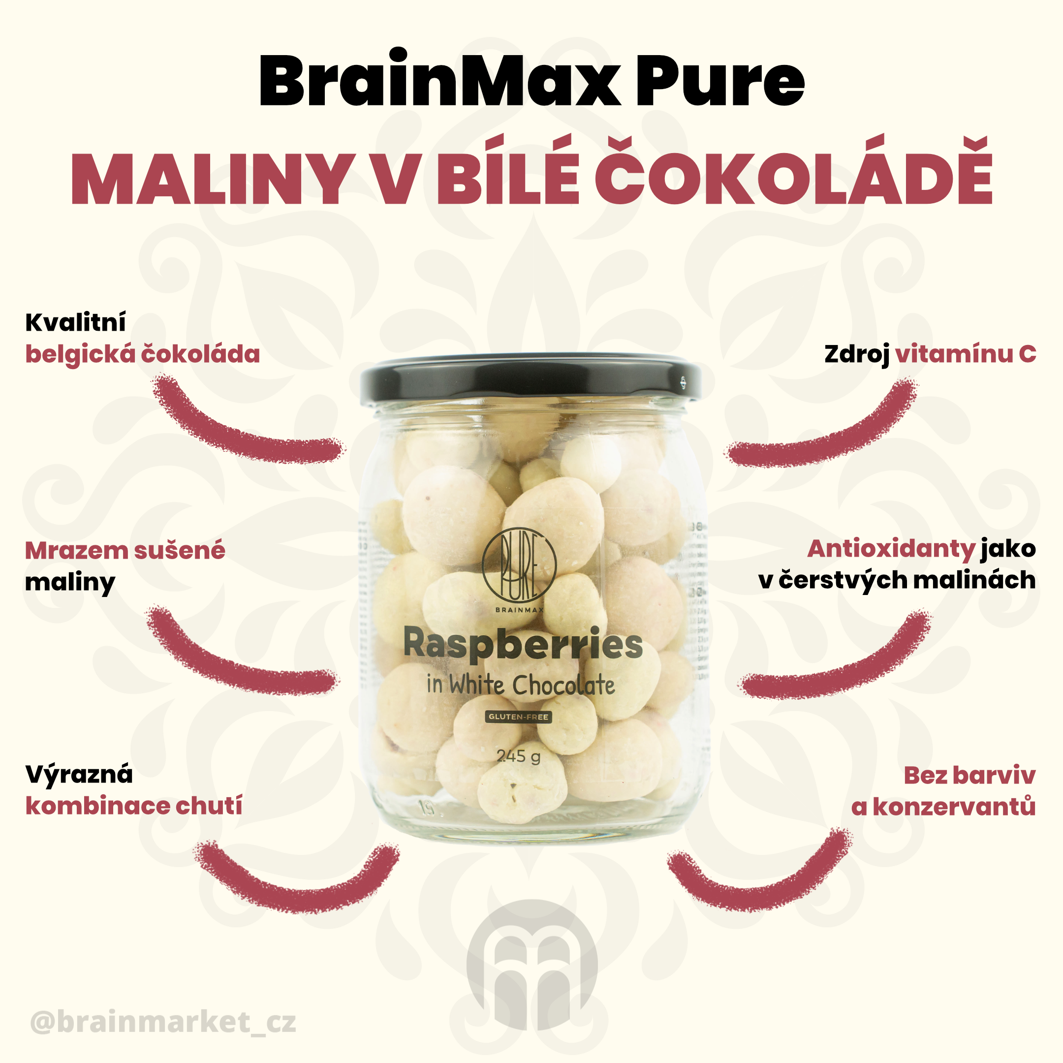 BrainMax Pure Lyofilizované maliny v bílé čokoládě, 245 g Obrázek