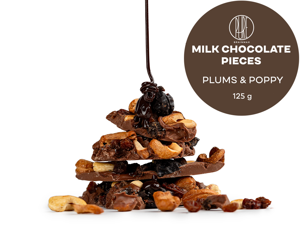 BrainMax Pure Lámaná čokoláda mléčná, švestky a mák, BIO, 125 g Obrázek