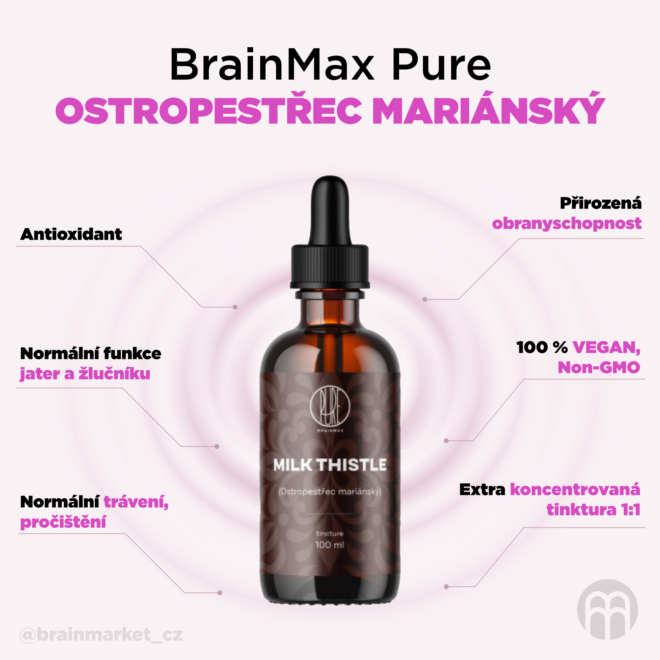 BrainMax Pure Ostropestřec mariánský (Milk Thistle) tinktura 1:1, 100 ml Obrázek