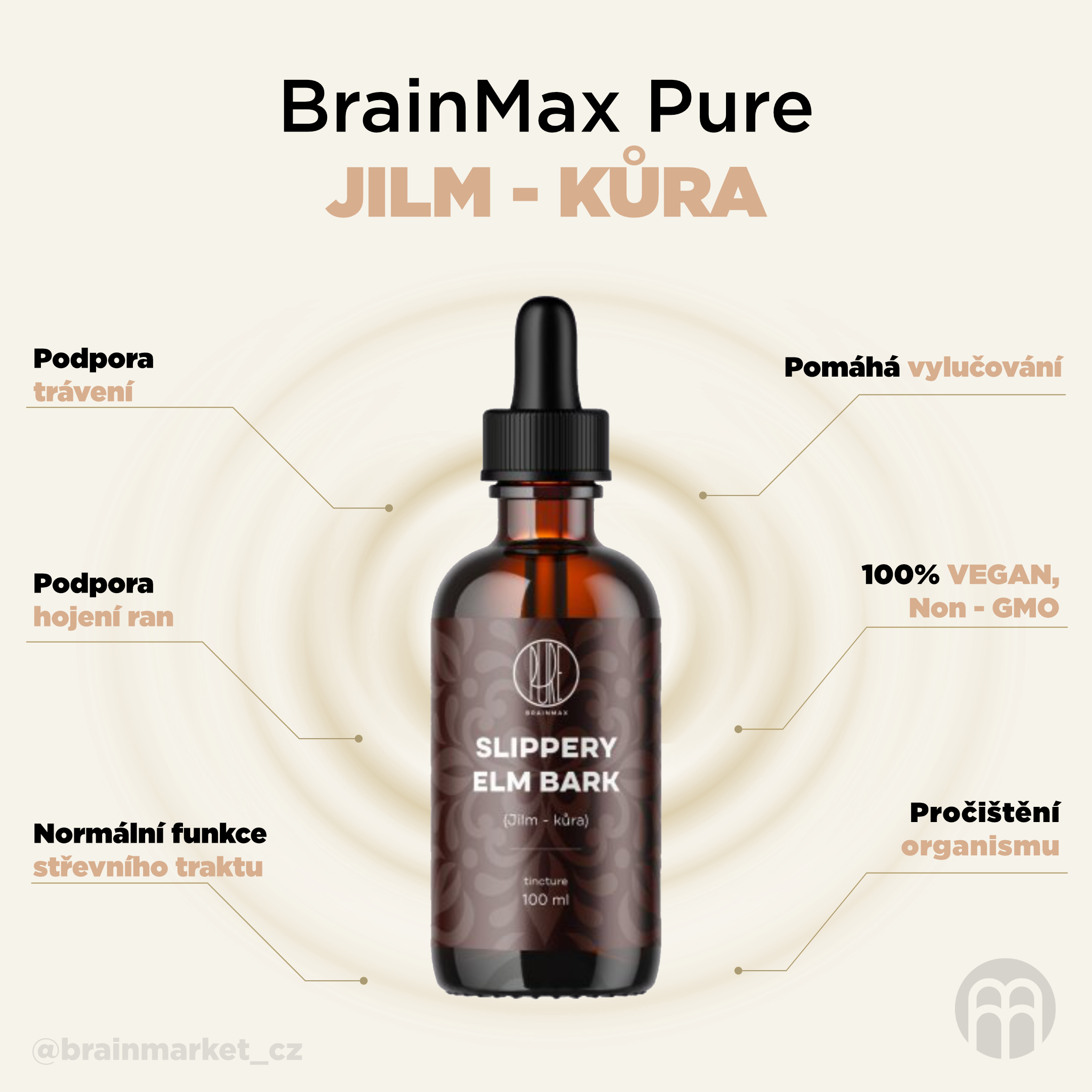 BrainMax Pure Jilm kůra (Slippery Elm bark) tinktura 1:2, 100 ml Obrázek