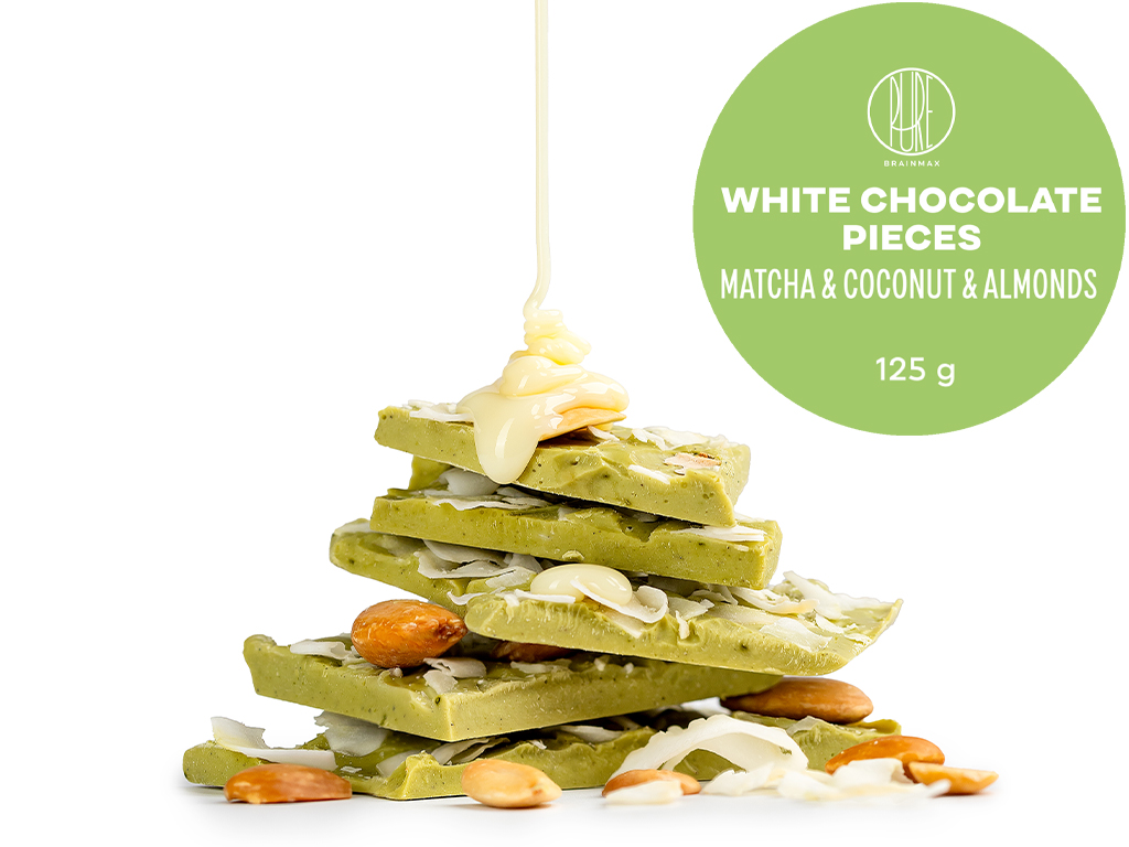 BrainMax Pure Lámaná čokoláda bílá - matcha, kokos a mandle, BIO, 125 g Obrázek