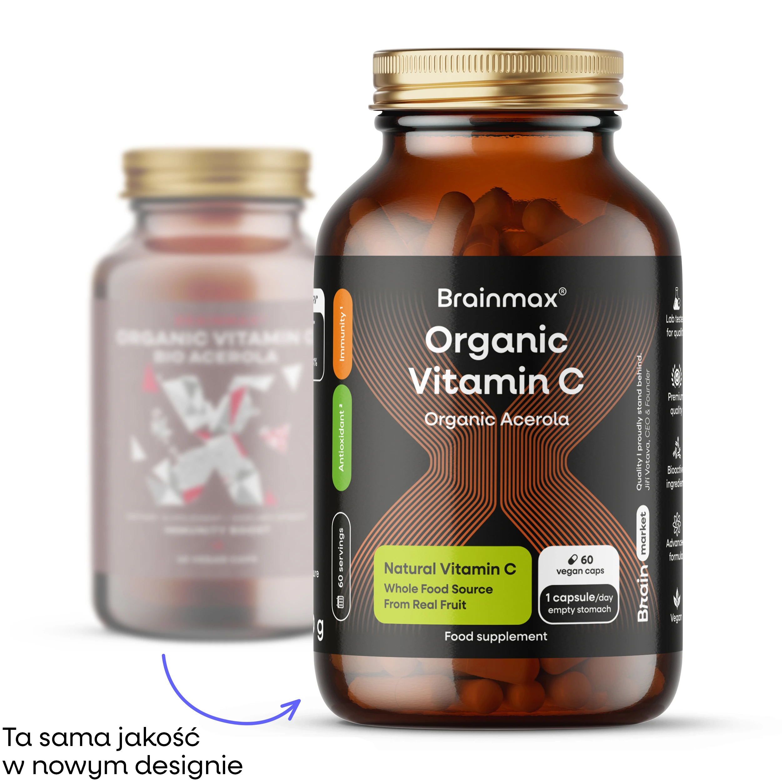 BrainMax Organic Vitamin C BIO Acerola, witamina C z Aceroli, 60 kapsułek roślinnych