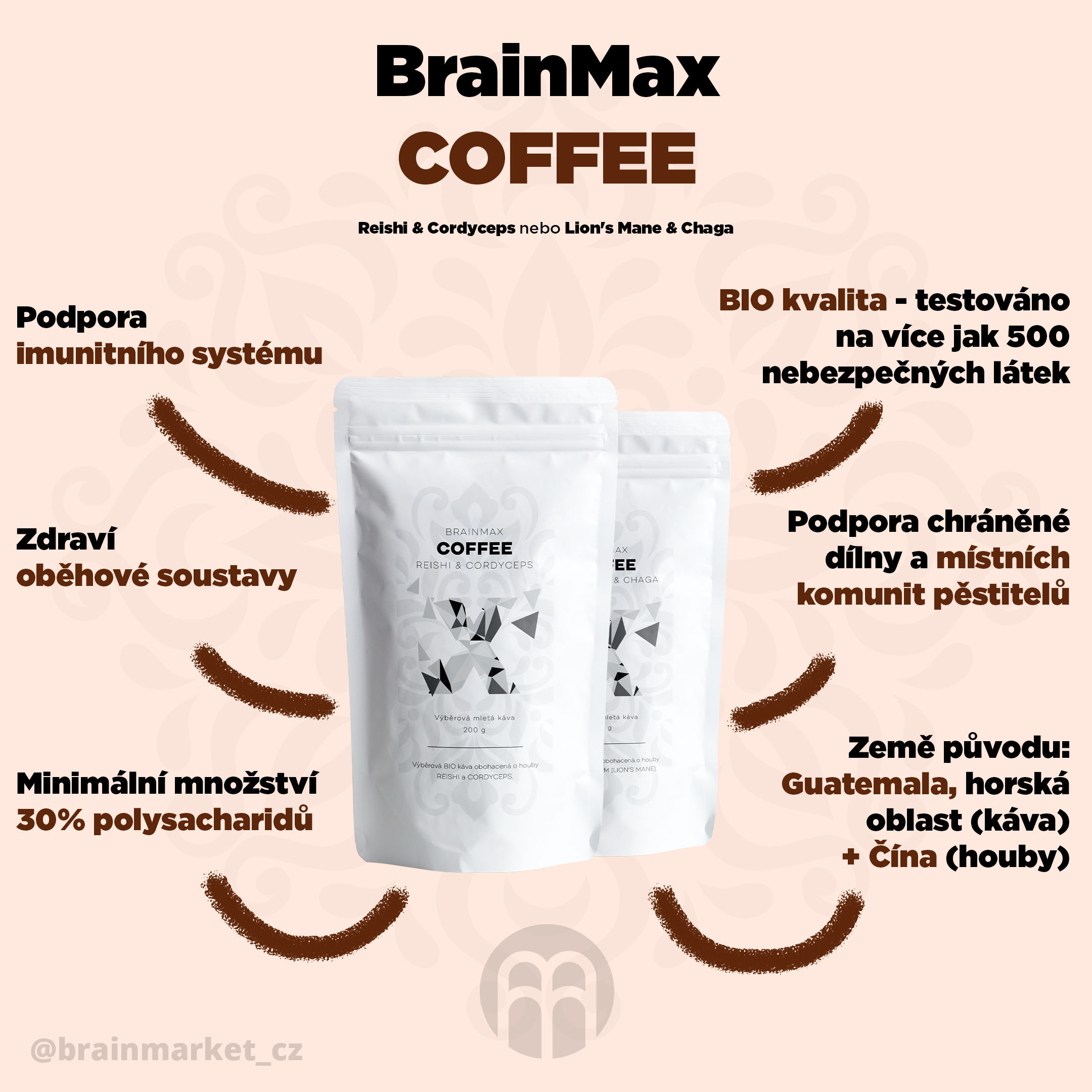 BrainMax Coffee Lion's Mane & Chaga, káva s vitálními houbami, BIO, 200g Obrázek