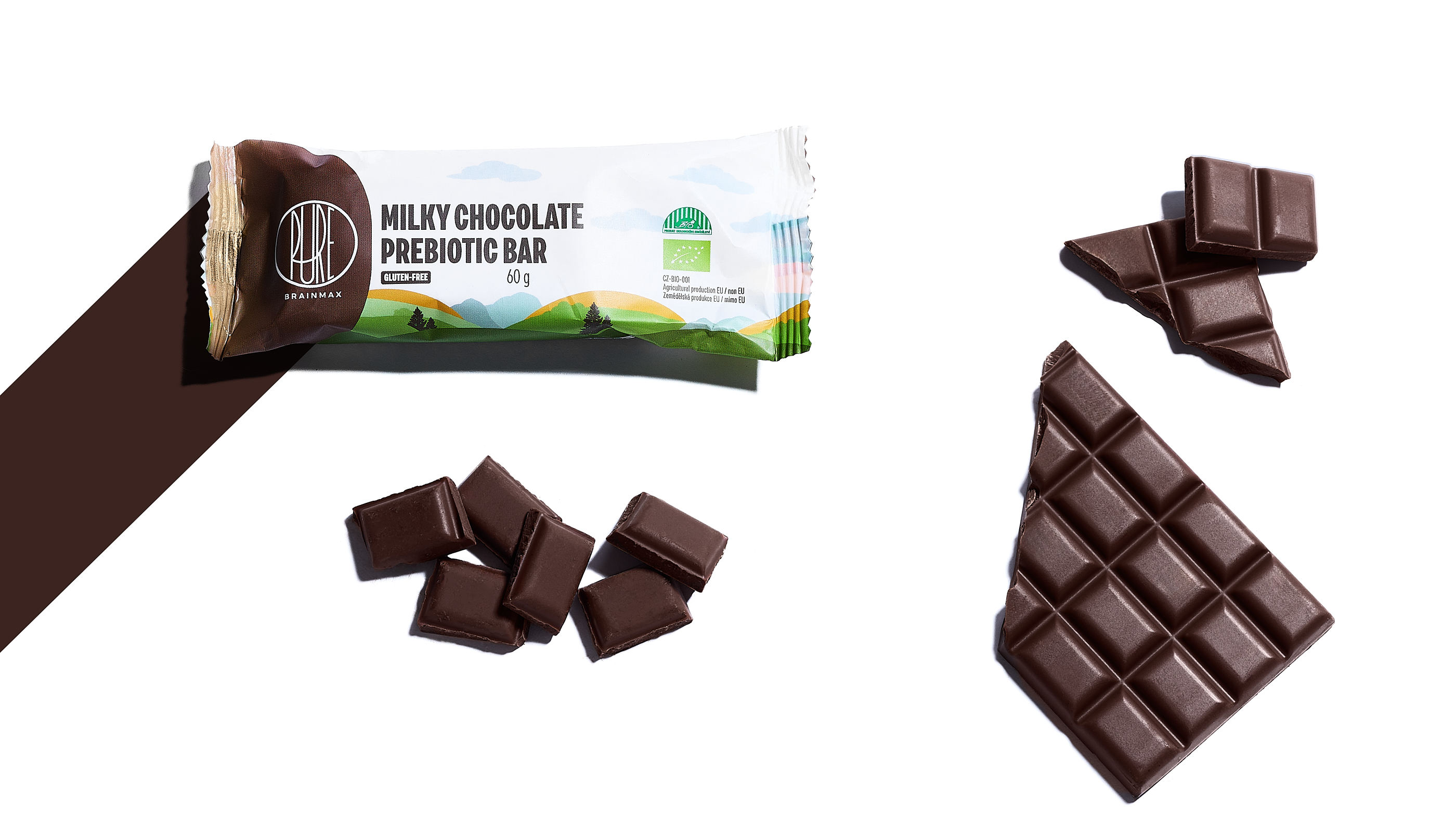 BrainMax Pure Milky Chocolate Prebiotic Bar, Prebiotická tyčinka, Mléčná čokoláda, BIO, 60 g Obrázek