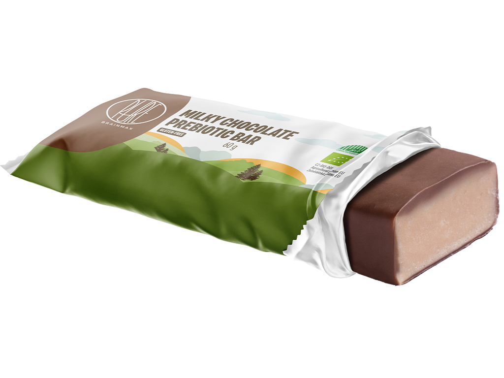 BrainMax Pure Milky Chocolate Prebiotic Bar, Prebiotická tyčinka, Mléčná čokoláda, BIO, 60 g Obrázek