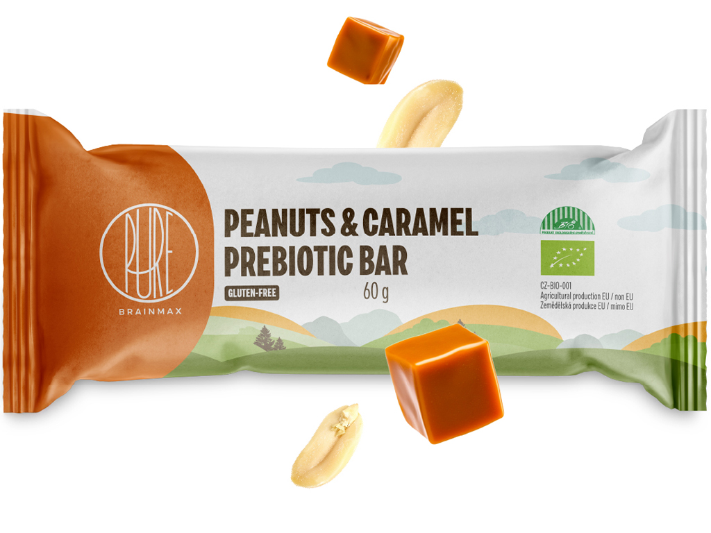 BrainMax Pure Peanuts & Caramel Prebiotic Bar, prebiotická tyčinka, arašídy a karamel, BIO, 60 g Obrázek