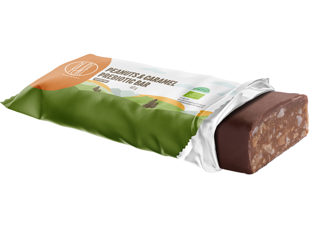 BrainMax Pure Peanuts & Caramel Prebiotic Bar, prebiotická tyčinka, arašídy a karamel, BIO, 60 g Obrázek