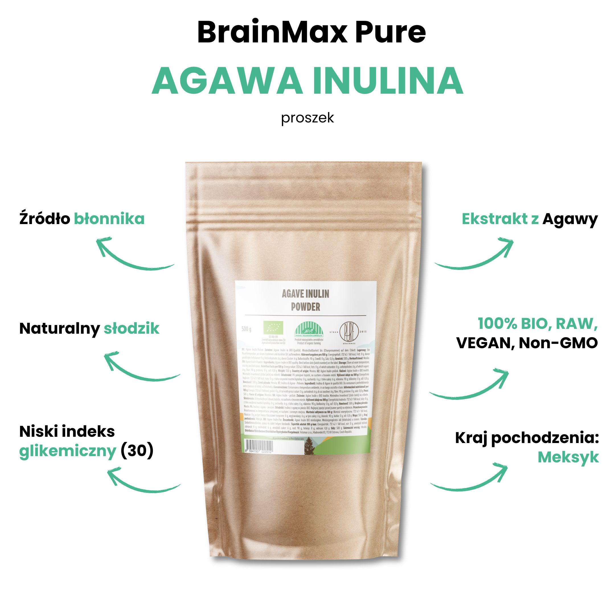 BrainMax Pure Agáve Inulin BIO, 500 g
