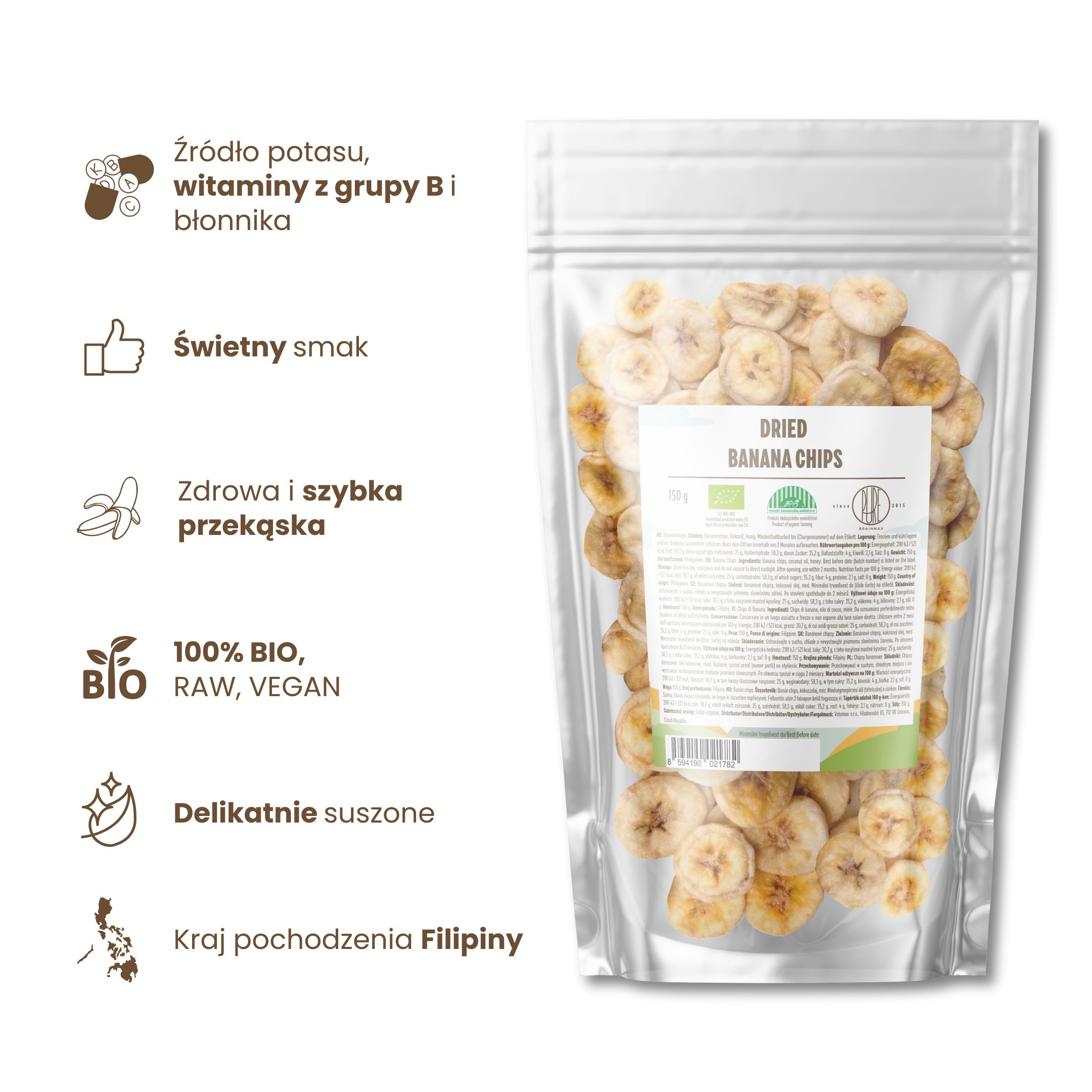 BrainMax Pure Banánové Chipsy BIO, 150 g Obrázek