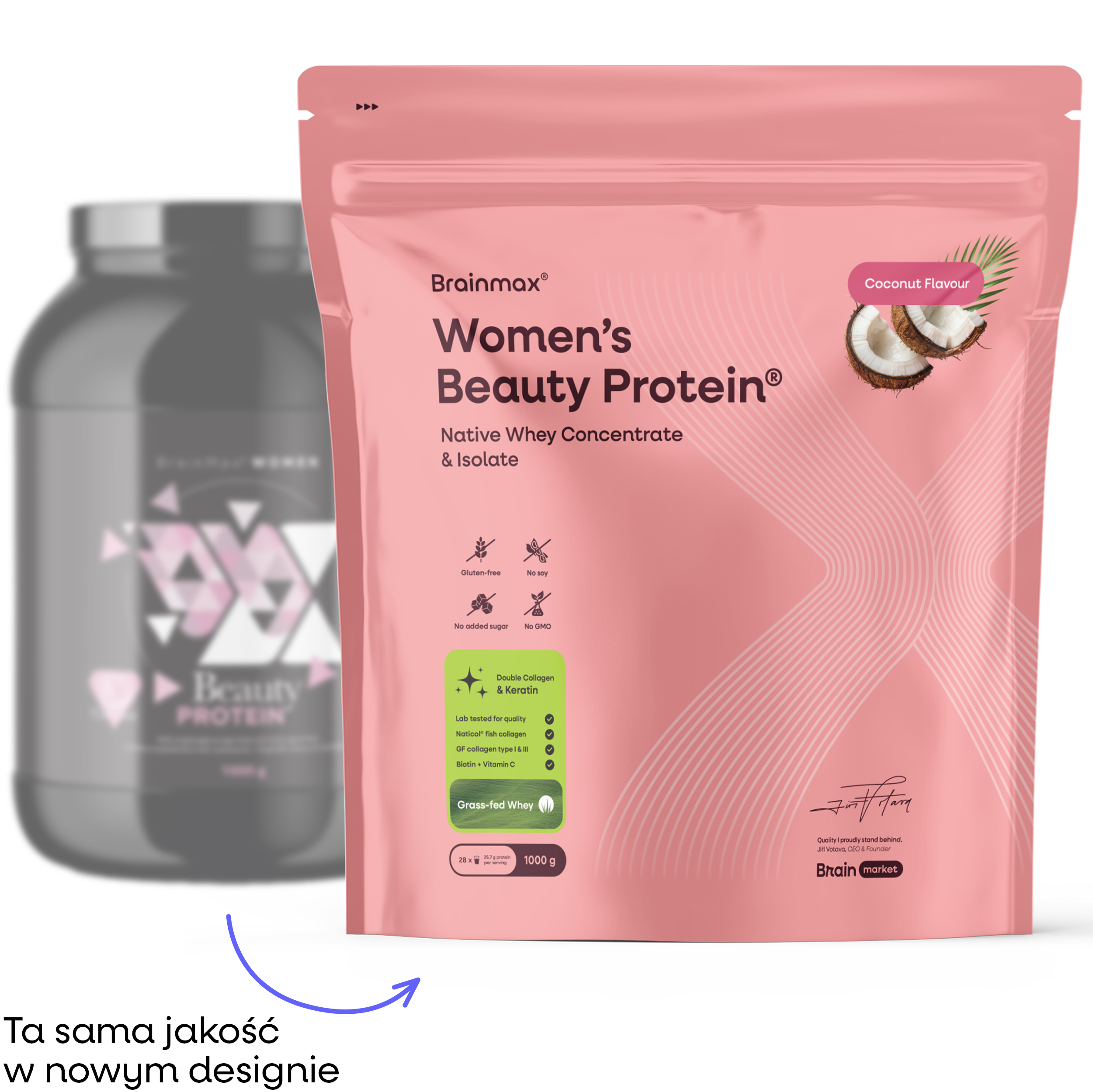 BrainMax Women Beauty Protein®, białko dla kobiet z kolagenem, keratyną i witaminami, 1000 g Smak: Kokos