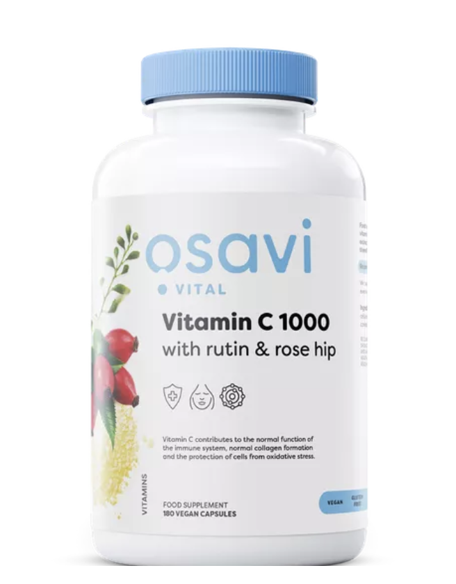 Osavi C-vitamin rutinnal és csipkebogyóval, 1000 mg C-vitamin rutinnal és csipkebogyóval, 180 vegán kapszula