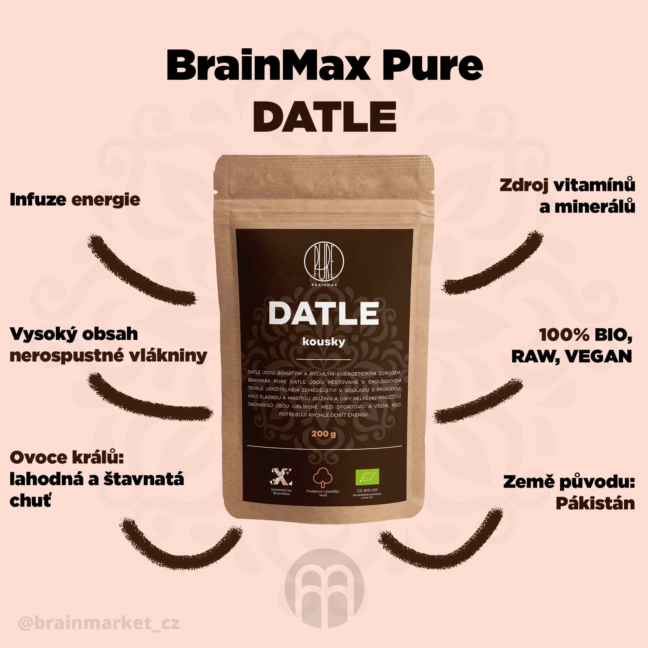 BrainMax Pure Datle sušené kousky BIO, 200 g Obrázek