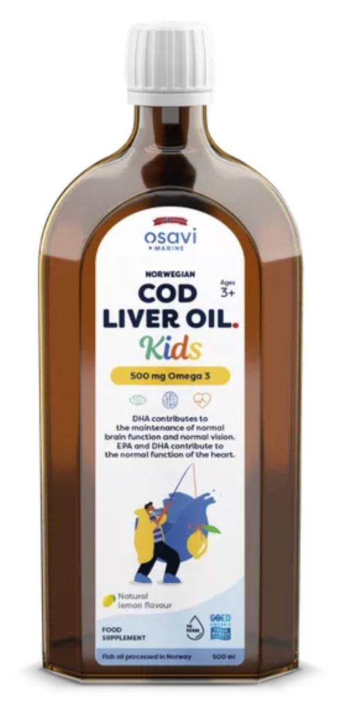 Osavi Norwegian Cod Liver Oil Kids, Omega 3 Norský olej z tresčích jater, pro děti, citrón, 500 mg, 500 ml Obrázek