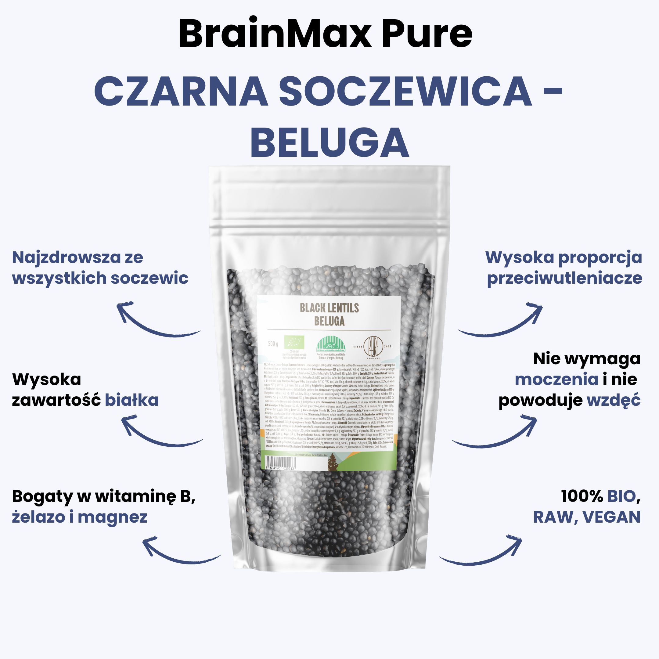 BrainMax Pure Čočka černá Beluga, BIO, 500 g Obrázek