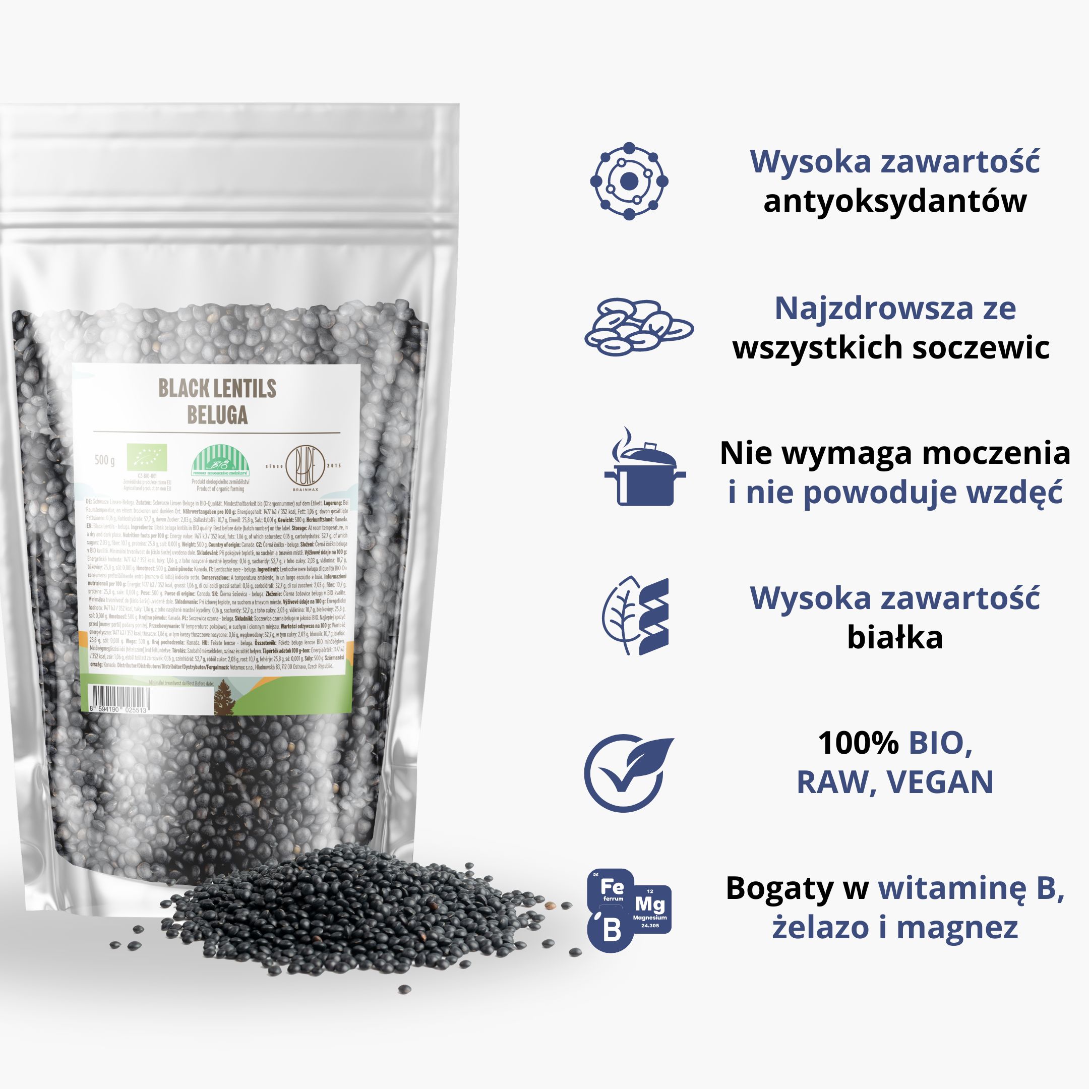BrainMax Pure Čočka černá Beluga, BIO, 500 g
