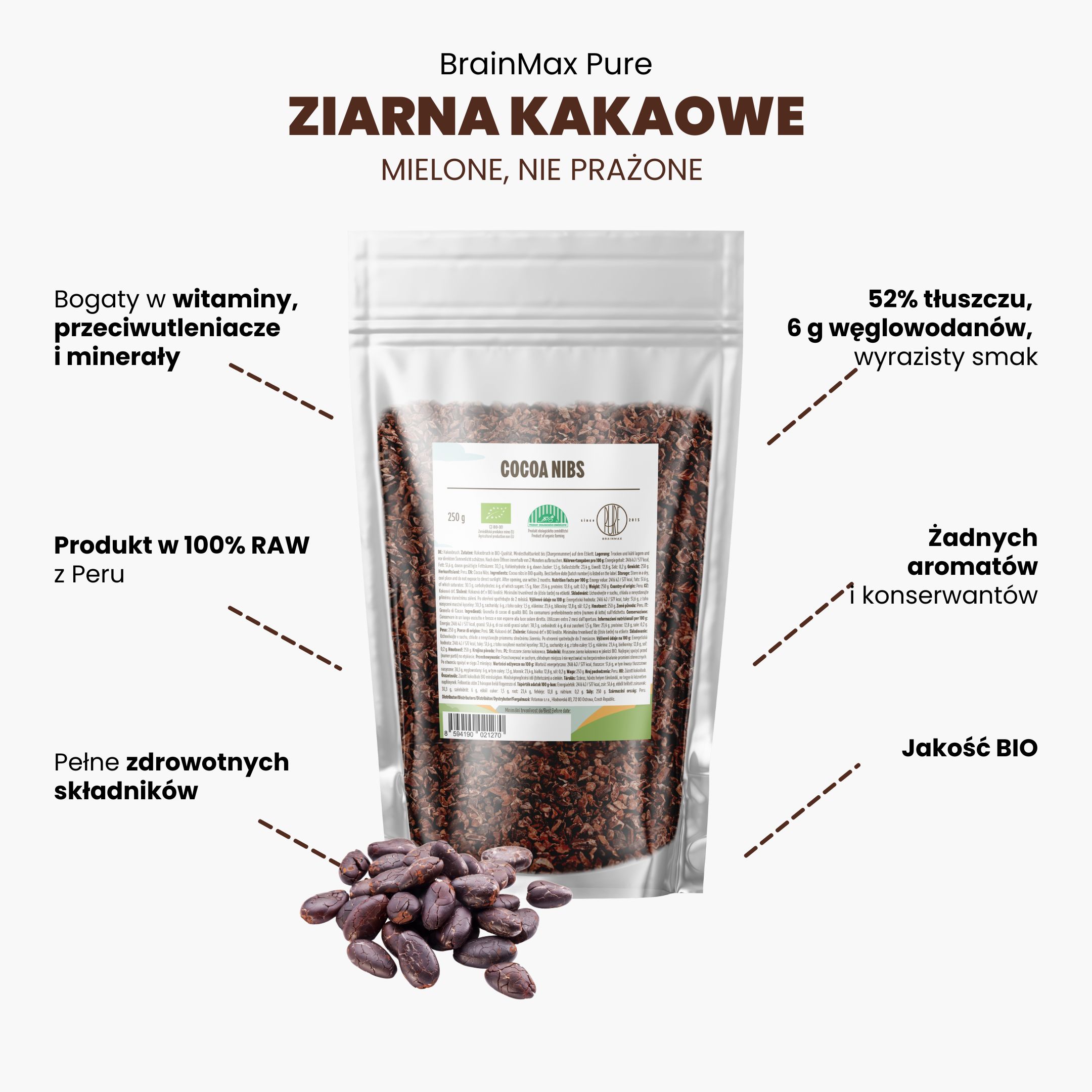 BrainMax Pure Drcené Kakaové Boby, Nepražené, RAW, BIO, 250 g
