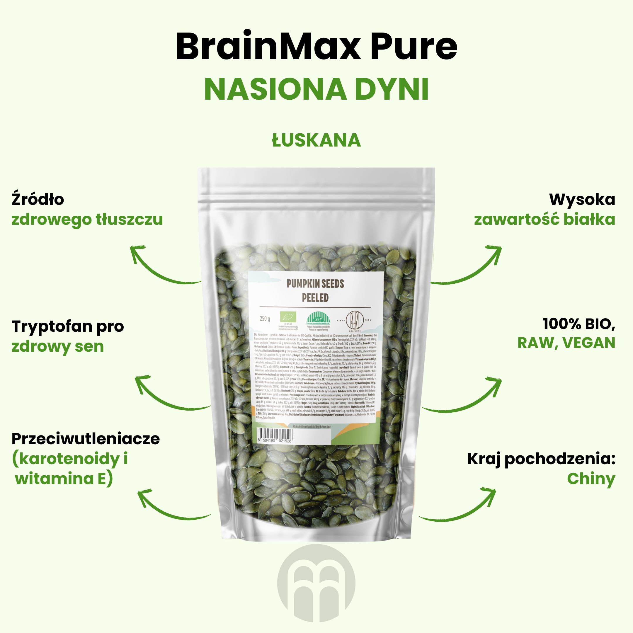 BrainMax Pure Dýňová semínka BIO, 250g
