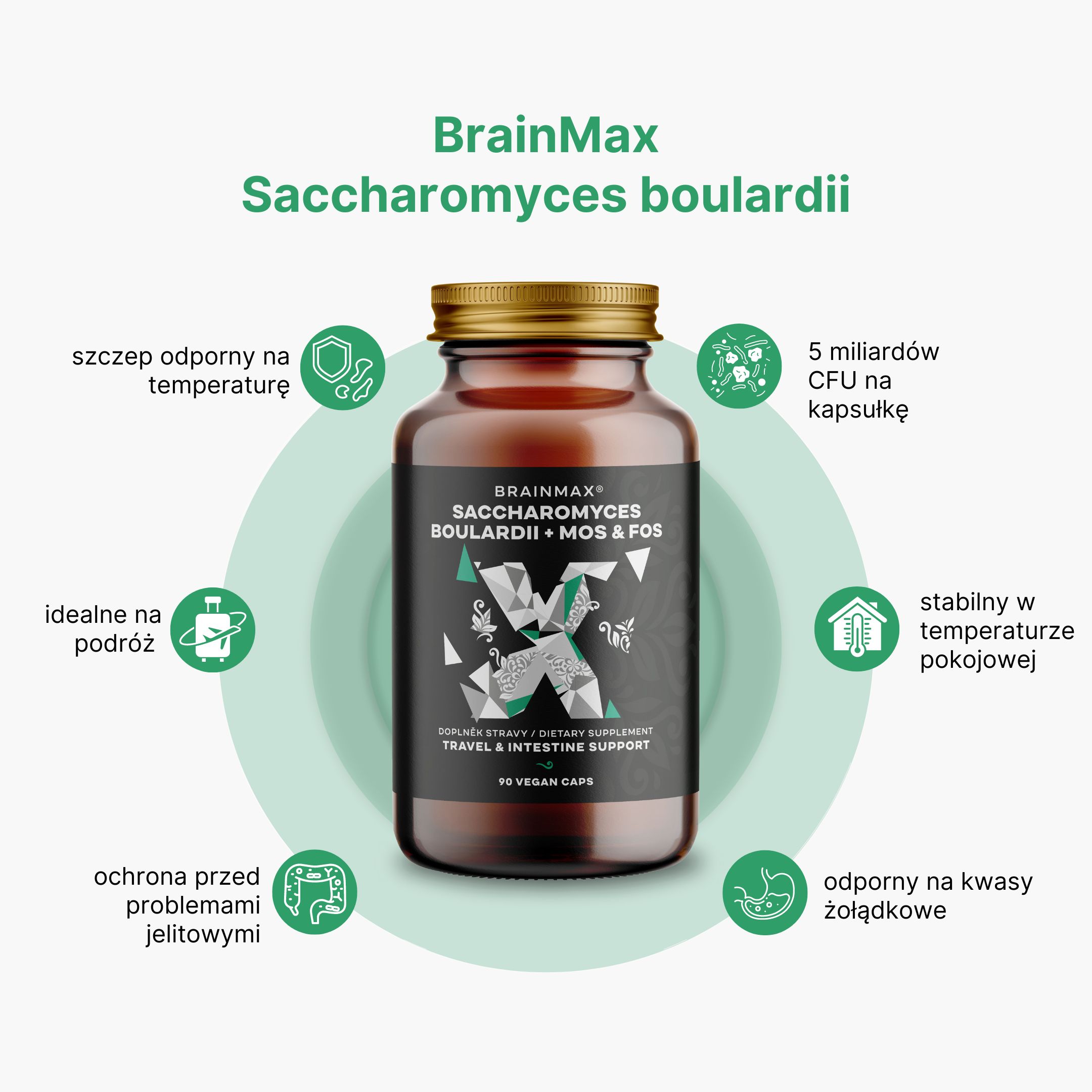 BrainMax Saccharomyces boulardii, Cestovní probiotika s MOS & FOS, 90 rostlinných kapslí Obrázek