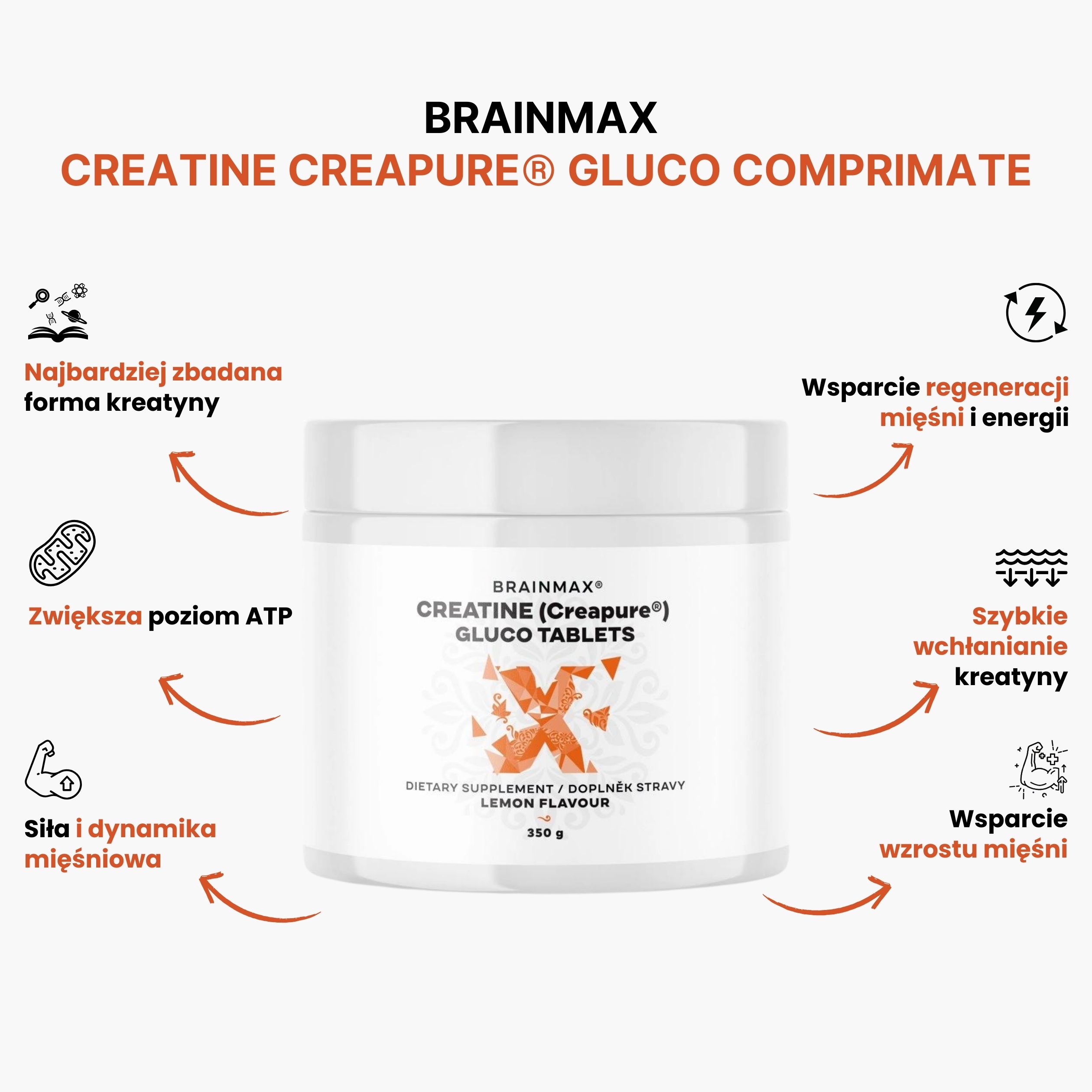 BrainMax Creapure® Gluco tablets, Lemon, 350 g Obrázek