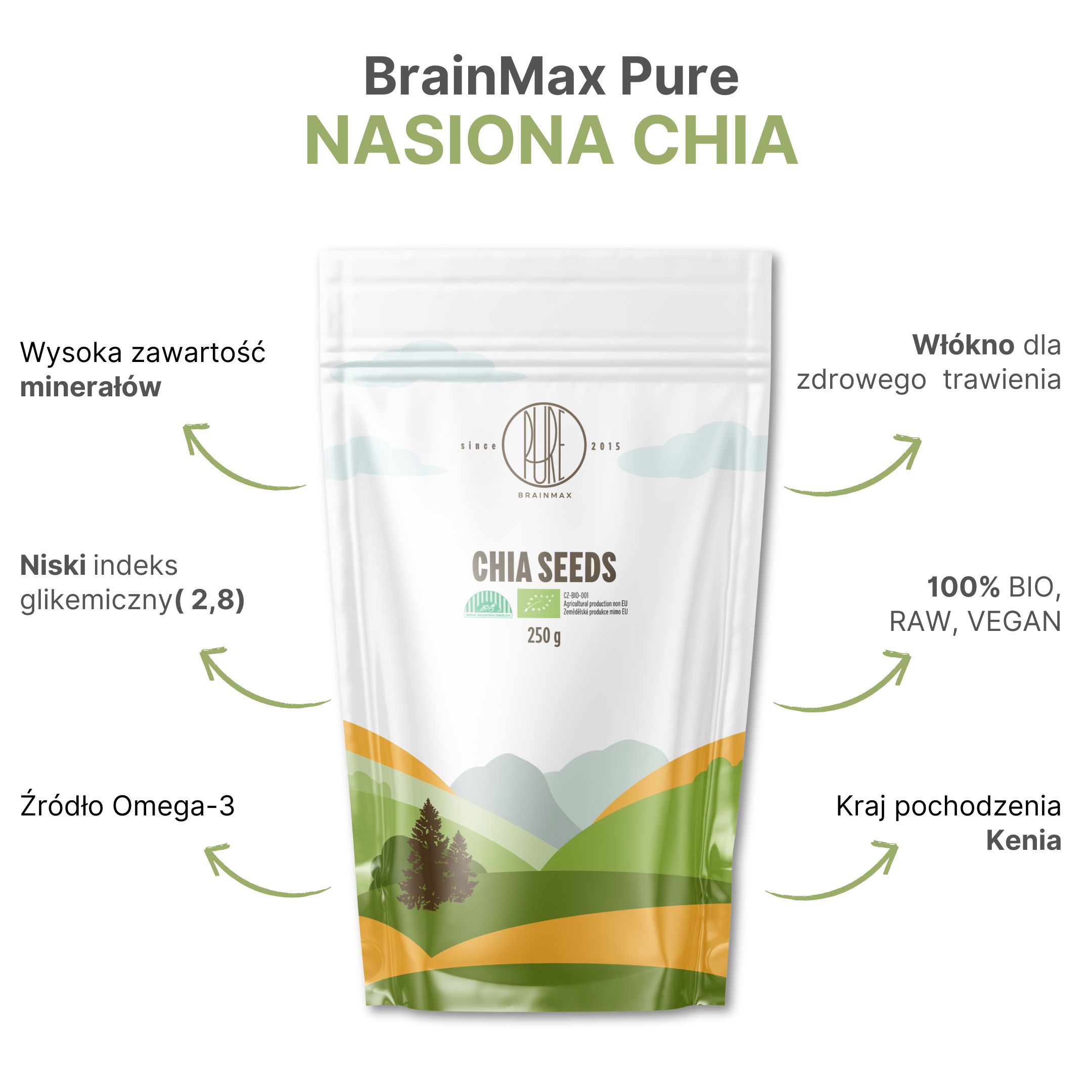 BrainMax Pure Chia semínka BIO, 250 g