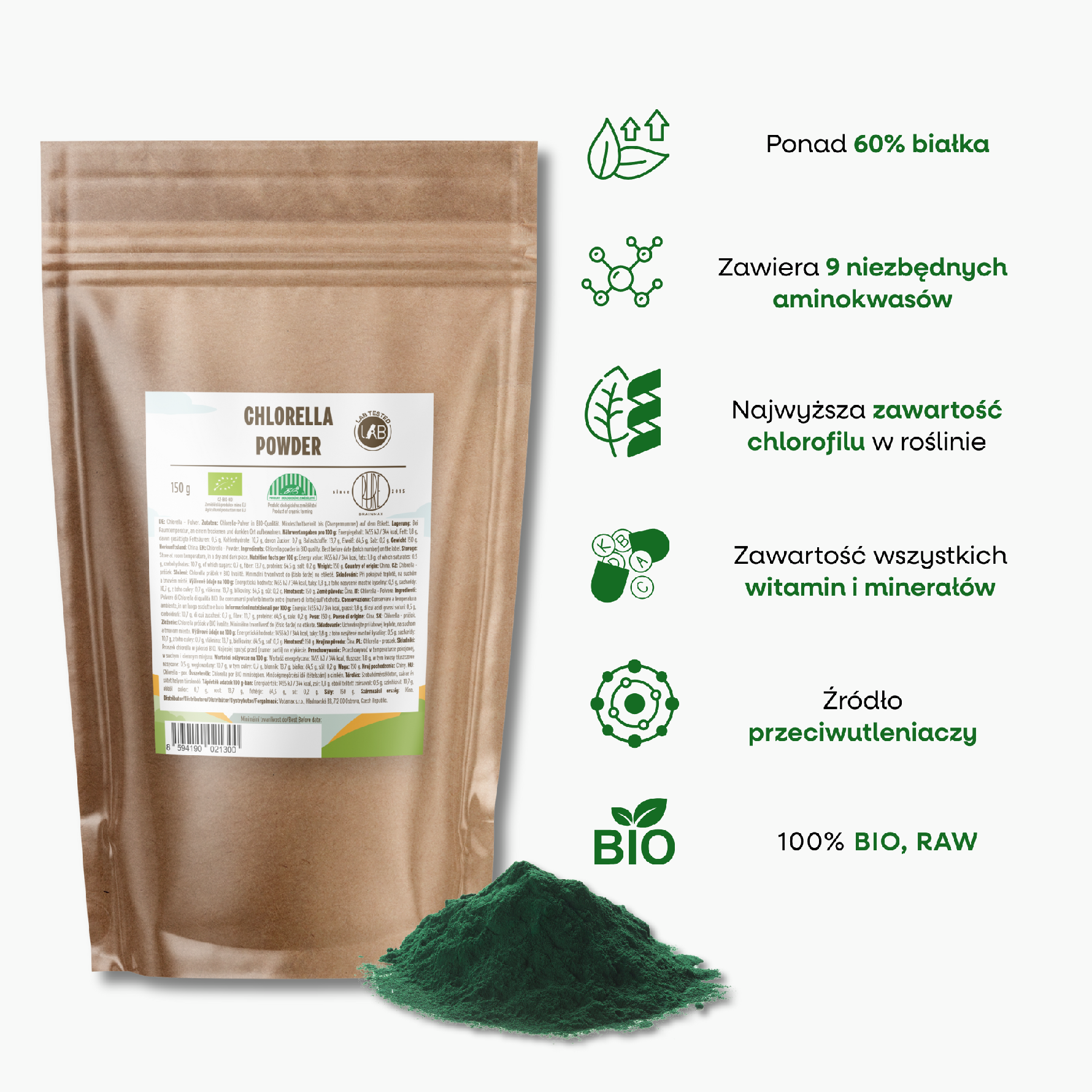 BrainMax Pure Chlorella BIO, 150 g Obrázek
