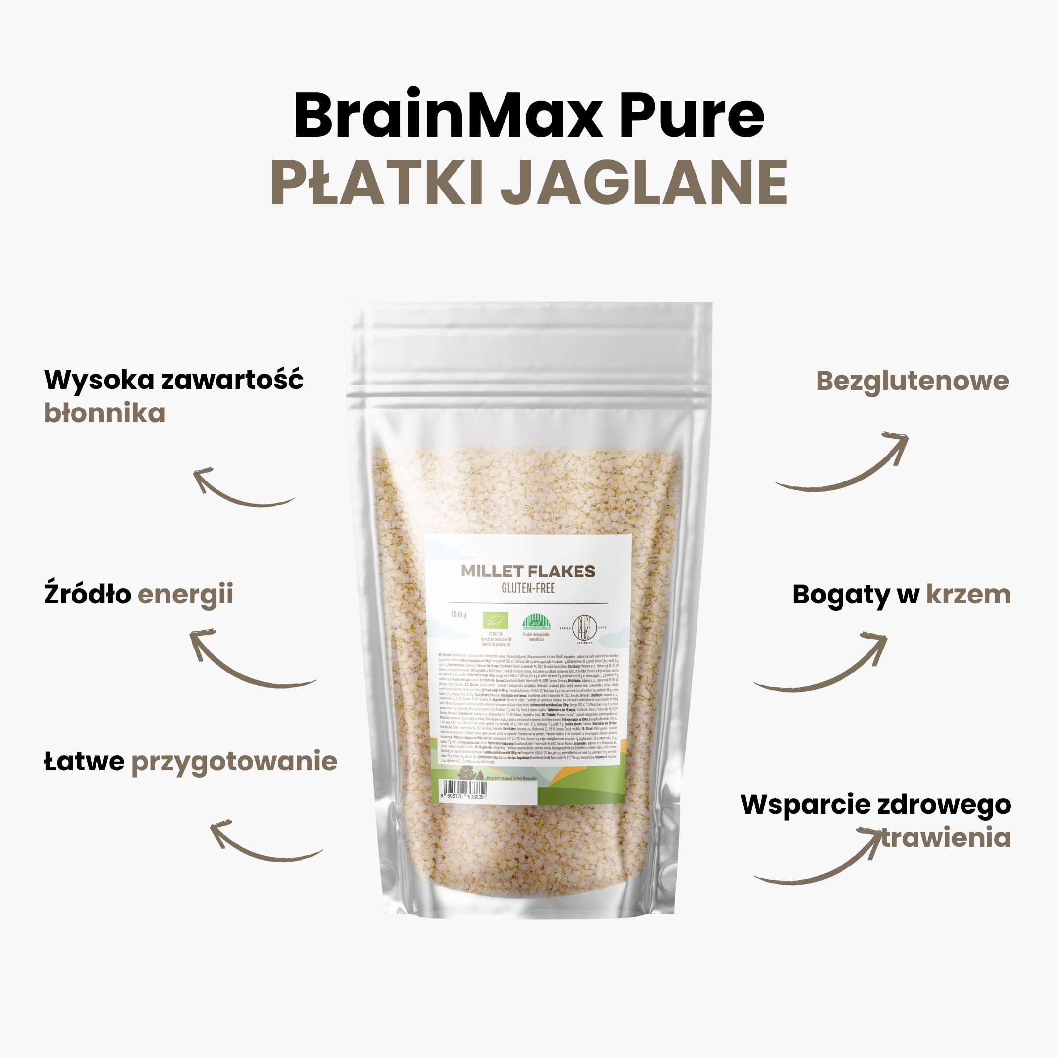 BrainMax Pure Jáhlové vločky, BIO, 1000 g Obrázek