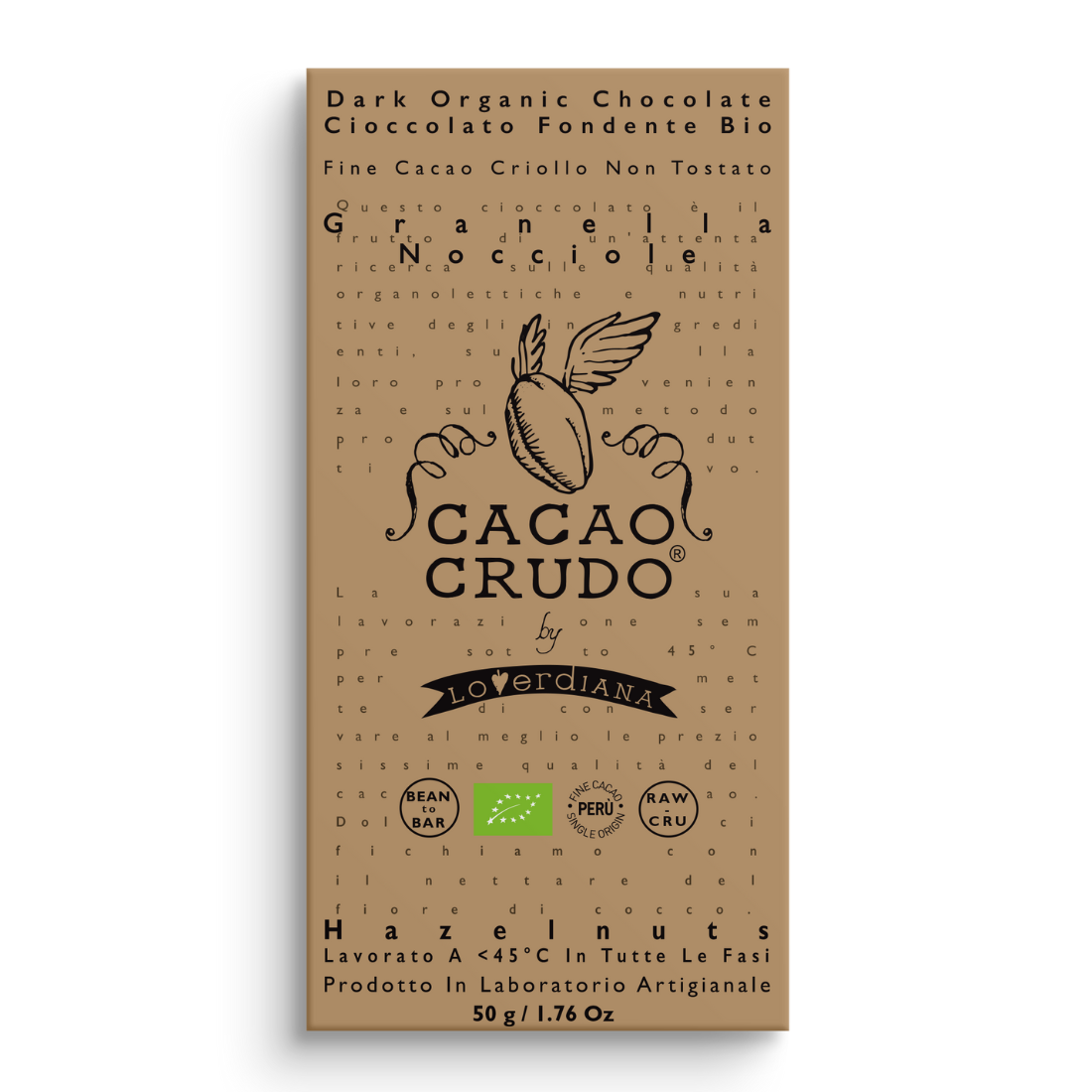 Cacao Crudo Raw Ciemna czekolada z siekanymi orzechami laskowymi, 50 g