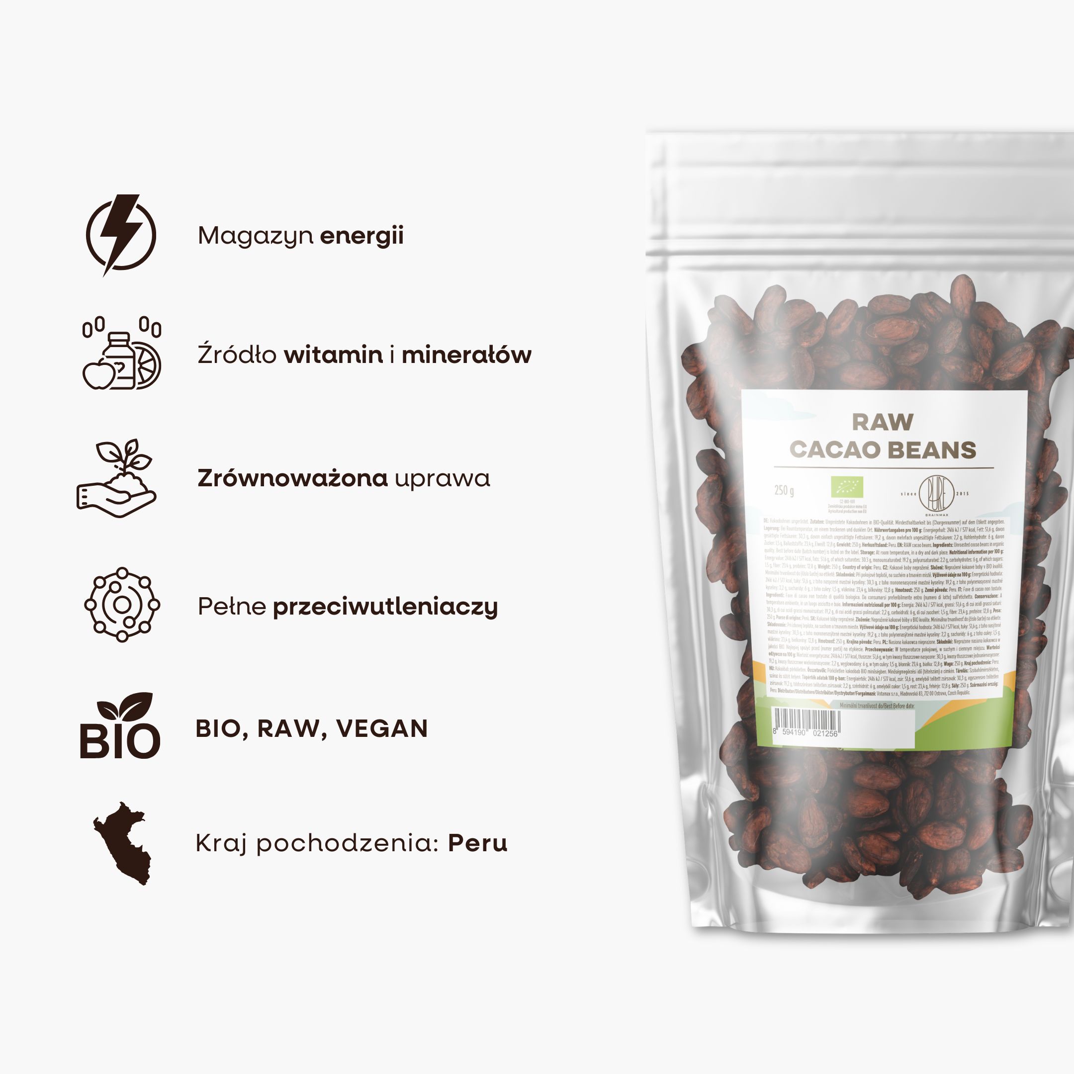 BrainMax Pure Kakaové boby RAW, BIO, 250 g Obrázek