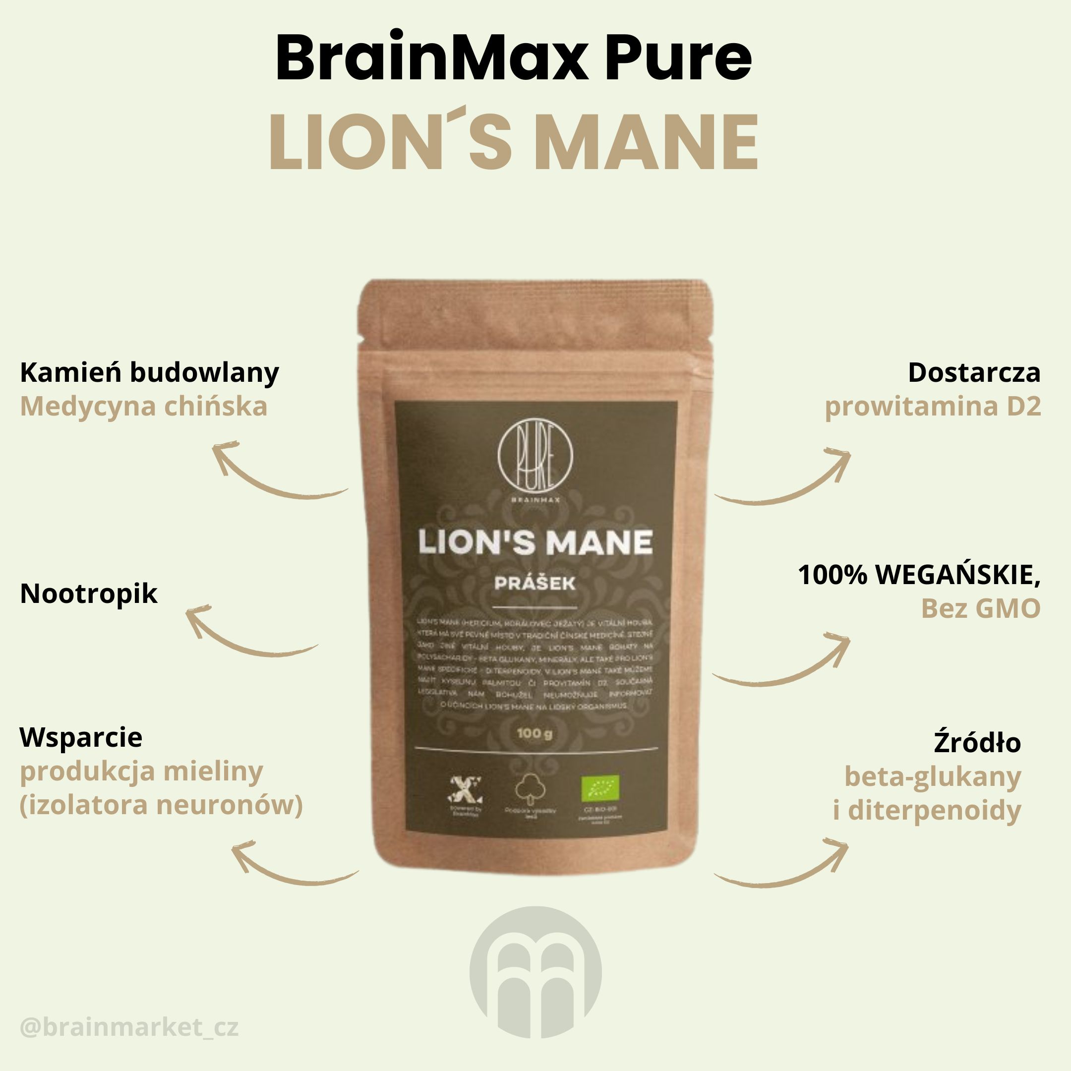 BrainMax Pure Lion's Mane (Hericium) prášek, BIO 100g Obrázek