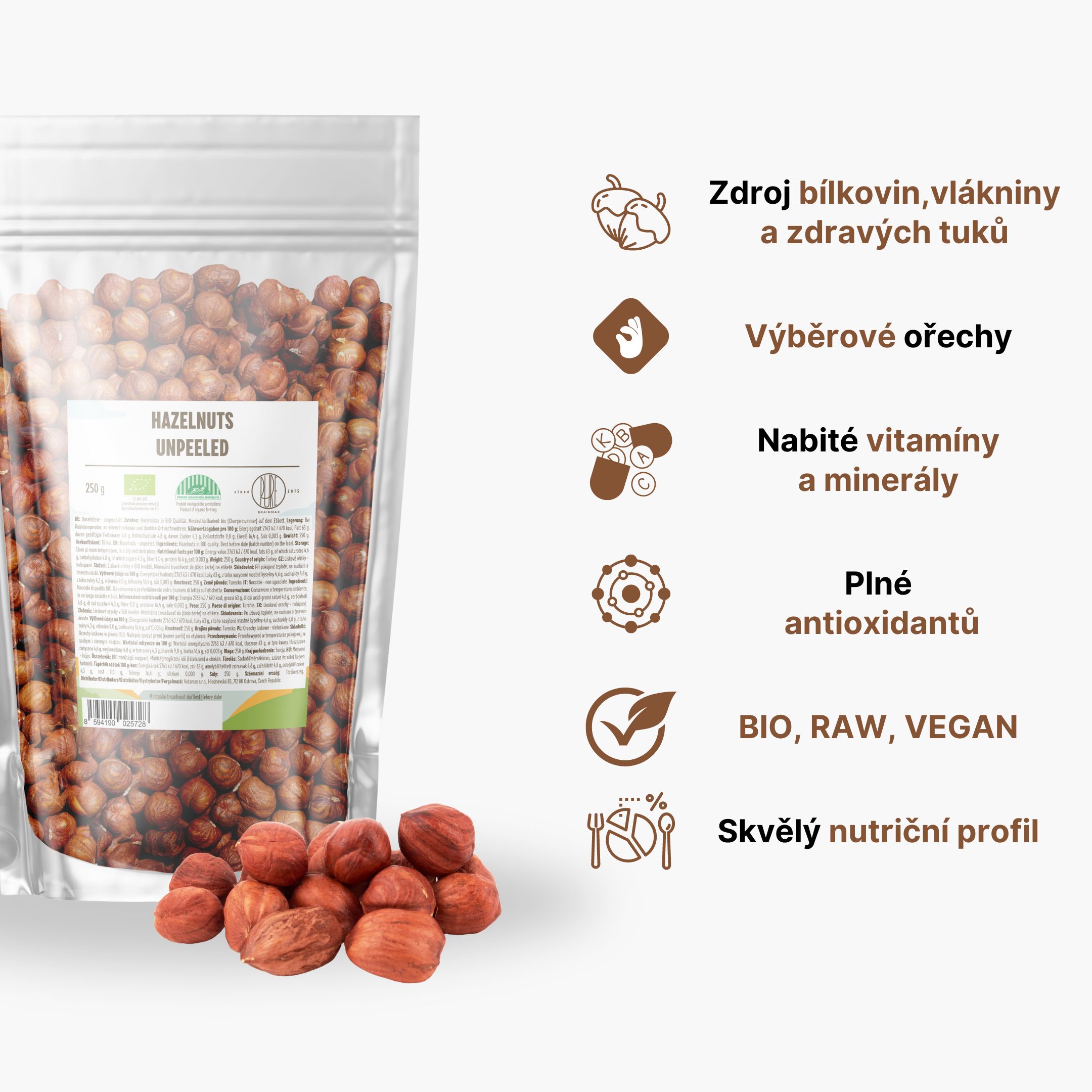 Brainmax Pure Lískové oříšky, neloupané, BIO, 250 g Obrázek