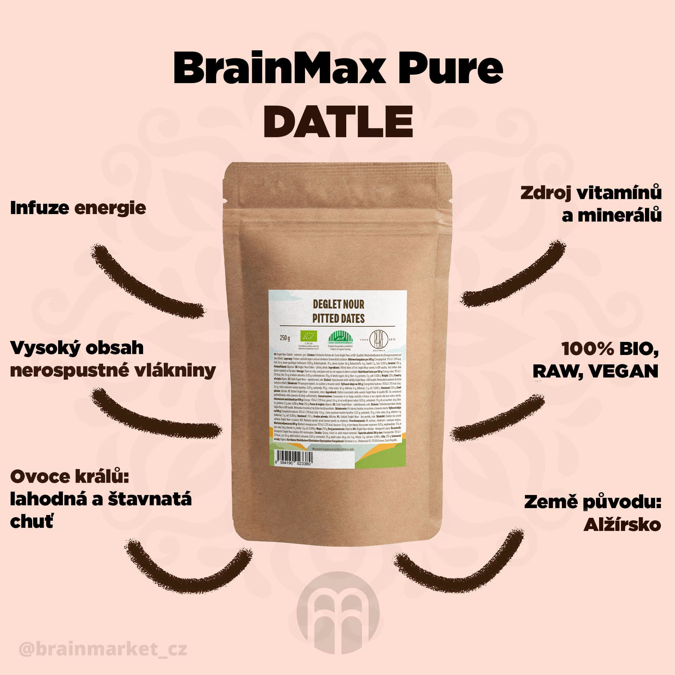 BrainMax Pure Datle Deglet Nour sušené BIO, vypeckované, 250 g Obrázek