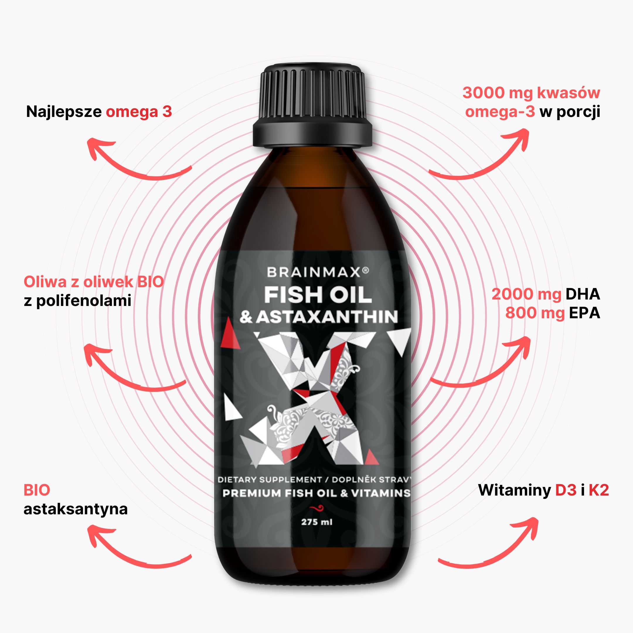 BrainMax Fish Oil & Astaxanthin, Super Omega 3, 275 ml Obrázek